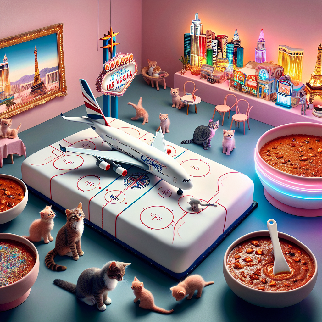 Envision a distinct scene where a realistic birthday room harmoniously merges with the unique elements of an ice hockey rink, all artistically crafted on a large fondant cake resembling an Airbus A380. The cake surface takes inspiration from the vibrant city of Las Vegas, adorned with edible glitter and neon signs. Adjacent to this masterpiece, visualize a small figurine of an airline pilot, akin to the uniformed staff of a British commercial airline. Add to this ambiance, bowls filled with rich, spicy chili that personalizes a hint of coziness and warmth. In this unique setting, several playful kittens in tiny jerseys roam around, enhancing the charm and homey atmosphere of the room.
Generated with these themes: Ice hockey, A380, Las vegas, Airline pilot, British airways, Chili, and Kittens.
Made with ❤️ by AI.
