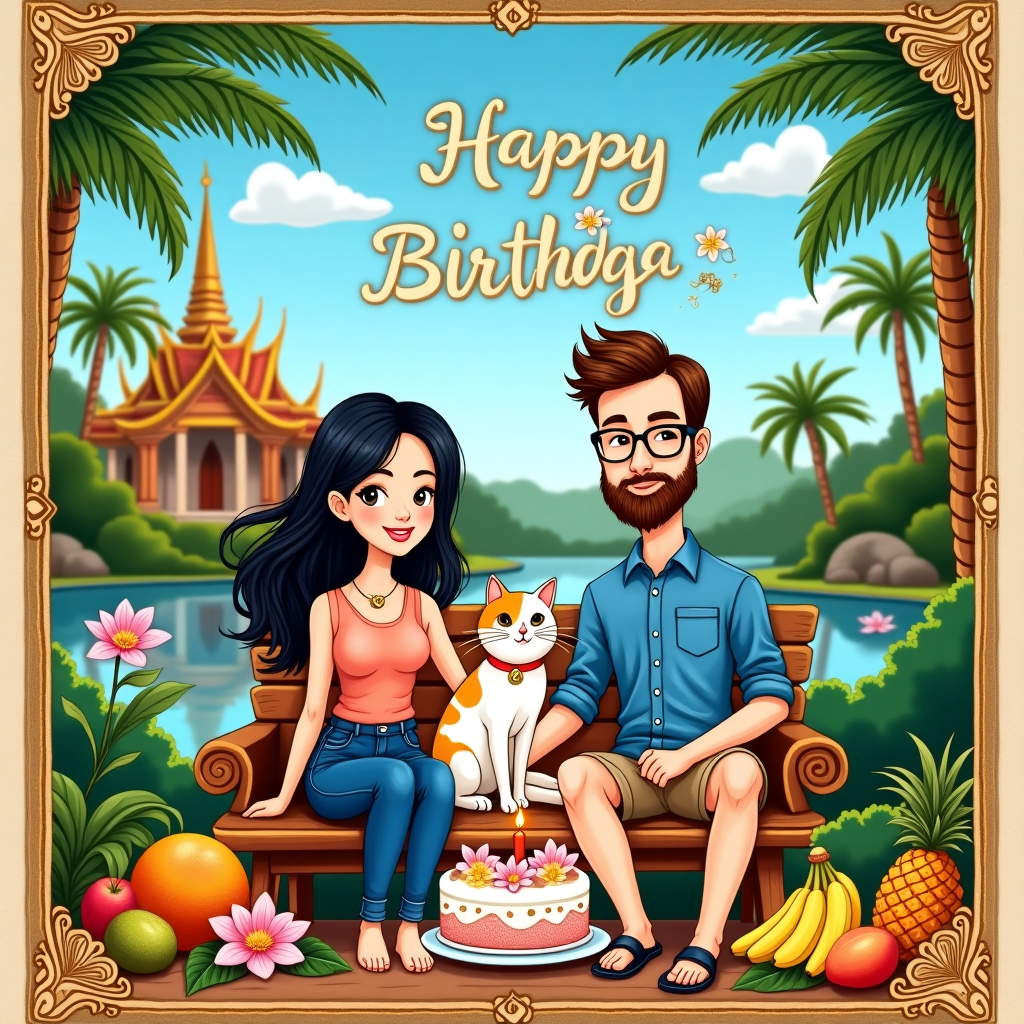 Thai lady long hair in blue jeans, Hansom English guy with short brown beard in shorts and blue shirt with glasses, White cat with ginger and black sploges and red collar with bell, Thailand, Romantic, Long distance relationship, and Happy birthday Birthday Card