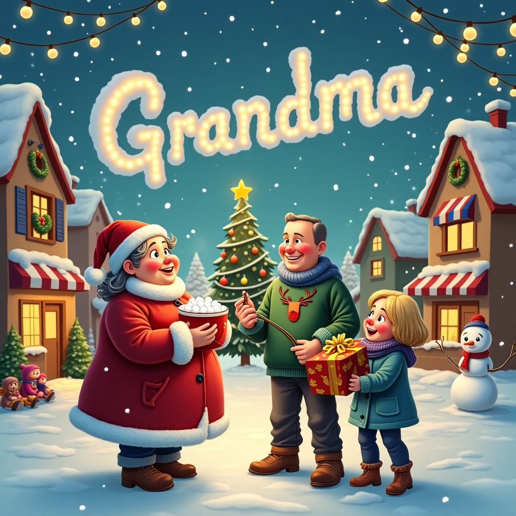 The scene is set in a whimsical, snow-covered town square reminiscent of a classic Christmas village, bustling with holiday spirit. In the foreground, we see a plump lady in her 70s with short, curly silver hair. She's bundled up in a vibrant red coat with white fluffy cuffs, matching her Santa hat that jauntily sits atop her head. Her cheeks are rosy from the cold, and she's holding a steaming cup of hot cocoa, from which marshmallows peek out.

Standing to her left is a tall man in his 30s, whose bald head gleams under the twinkling fairy lights that are strung overhead. He's wearing a green sweater adorned with a reindeer pattern and holds a large wrapped gift with a golden bow. To her right, a lady in her 30s with shoulder-length blonde hair is dressed in a cozy blue scarf and a winter coat. She's joyfully holding a string of Christmas lights, which she's helping to untangle.

In the background, the sky is a deep winter blue, dotted with fluffy white clouds, which spell out the word "Grandma" in a whimsical, cloud-like script. Behind them, a towering Christmas tree stands majestically, its branches decorated with shimmering ornaments and a glowing star perched on top. Snow gently falls around them, adding to the enchanting scene.

All around, the town square is dotted with quaint little shops with colorful awnings, each with holiday wreaths hanging on their doors. A friendly snowman with a carrot nose and coal eyes stands nearby, wearing a checkered scarf. Off to the side, a group of children can be seen sledding down a small hill, their laughter faintly echoing through the air.

This charming setting captures the spirit of Christmas and the warmth of family gatherings, all while incorporating the unique characters in a way that feels straight out of a cozy holiday tale.
Generated with these themes: Plump Lady in her 70s with short hair, Stood with a couple in their 30s, the man is tall and has no hair and the lady has shoulder length blonde hair, and In the art style of the simpsons .
Made with ❤️ by AI.