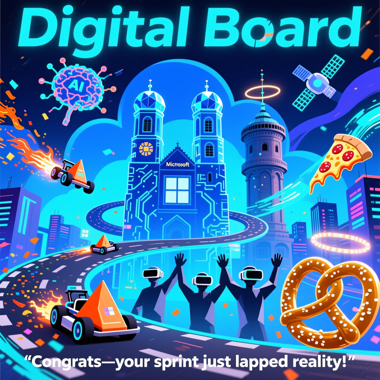 At the top of the Abstract Style image, Digital Board

Abstract, funny, blueish-futuristic composition bursting with bold geometric shapes and fluid curves, high-contrast electric blues, cyan, indigo and neon accents. Center a hybrid tech-city totem: the iconic twin domes of Munich’s Liebfrauenkirche and Mannheim’s historic Wasserturm fused into a crystalline silhouette built from glowing circuit traces and a subtle four-pane “window” motif nodding to Microsoft, backed by an azure-hued cloud geometry. A looping, figure-eight karting racetrack made of luminous brush-stroke ribbons wraps around the landmarks; tiny stylized karts (triangles with twin wheels) blaze by, leaving pixel-confetti motion trails of 1s and 0s. In the foreground, a jubilant abstract “team” of faceted figures in minimal VR headsets high-five; their shadows morph into tech icons. Pizza slices orbit like satellites with molten neon-cheese strokes, while a golden pretzel forms a humorous halo around the city, its salt grains sparkling like micro-LEDs. Above, a floating AI neuron lattice/brain matrix hums with pulsing nodes, connecting to the team and city via luminous data filaments. Texture: dynamic brush splashes, glitch streaks, metallic sheens; style: modern expressive abstract with crisp geometry meeting painterly energy. Overall mood: celebratory, witty, high-energy, and unapologetically digital. Keep the palette predominantly blue/cyan with pops of neon orange (pizza) and warm gold (pretzel) for contrast.

Typography: “Digital Board” at the top in a bold, futuristic techno sans with a subtle glitch/raster shear, glowing cyan with a soft electric rim-light.

At the bottom as a small cheeky caption, one line: “Congrats—your sprint just lapped reality!”
Generated with these themes: Please create a picture. Topics: AI, digital company, technology, team, pizza, microsoft, virtualy reality, technology, karting race, Munich city, Mannheim city, pretzel.  For Munich please use a pic of Liebfrauenkirche, for Mannheim please use the historic watertower as landmark.  overall use a blueish futuristic style, and .
Made with ❤️ by AI.