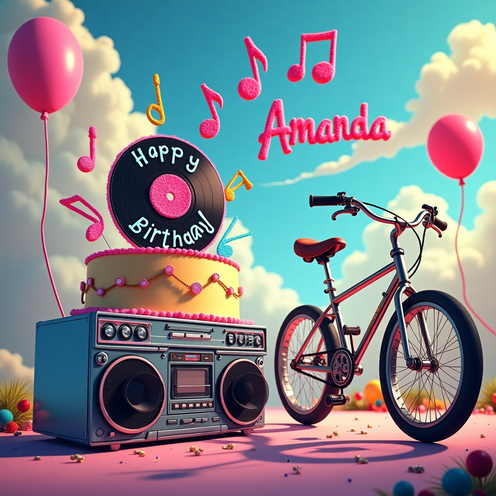 In the foreground of this zany and vibrant 80s-themed birthday scene, imagine a glitzy retro cassette tape player, its chrome finish glistening under the bright sunlight. Perched atop the player is a quirky cake, shaped like a giant vinyl record with musical notes dancing around the edges in colorful icing. The record's label in the center reads, "Happy Birthday Amanda!" in neon pink frosting. A boombox sits nearby, blasting tunes that make the cassette's reels spin energetically. Parked right next to this is a classic 80s BMX bike, its metallic frame adorned with sparkling rhinestones forming the words "Amanda Rocks" along the crossbar. In the background, a group of animated cartoon jewelry pieces—like a diamond earring and a gold chain necklace—are grooving to the music, each sporting its own tiny pair of sunglasses and leg warmers. The sky is a swirl of pastel colors reminiscent of a classic 80s music video, and amidst the fluffy clouds, you can spot Amanda's name, written with cloud-like swirls of rainbow colors. Balloons shaped like musical instruments float nearby, completing this fantastical birthday scene that perfectly meshes music, biking, jewelry, and 80s flair.
Generated with these themes: Jewelry, 80's, Music, and Biking.
Made with ❤️ by AI.