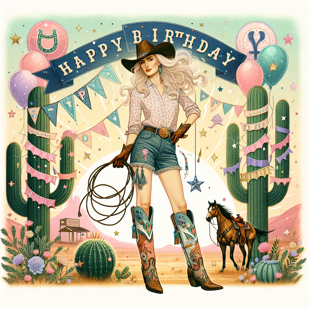 An energetic birthday illustration featuring cowgirls as the central theme representing female empowerment. In the forefront, a confident Caucasian cowgirl stands proudly, her boots decorated with birthday icons, holding a ribbon lasso. Behind her, a whimsical western landscape includes cactus decorated in pastel banners. The sky filled with festive balloons shaped like stars and horseshoes, while a 'Happy Birthday' banner in a rustic font spans across the top, embodying the untamed allure and feminine power of the west.
Generated with these themes: Cowgirls, Westerns, and Feminism .
Made with ❤️ by AI.