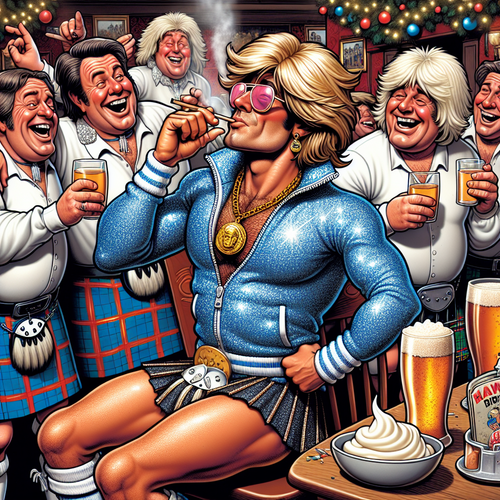 Party where birthday boy is dressed in a shiny blue tracksuit with a gold medallion necklace with long blond hair and pink sunglasses smoking a large cigar, Party is in a bar where the birthday boy is licking cream from a female , The party is a bunch of guys watching the birthday boy having fun licking the cream , Everyone is drinking alcohol and laughing filming the birthday boy licking the cream from the sexy female , People are filming it on there camera phones, and There are men dressed in short grey skirts and white blouses with a tie wearing large blong wigs Christmas Card