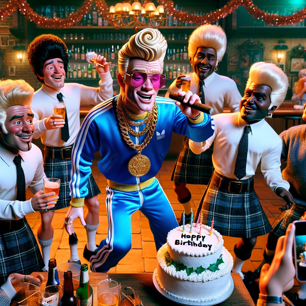 In this Christmas-themed cartoon scene, a lively and funny party unfolds in a bar. The birthday boy stands out in his shiny blue tracksuit, gold medallion, and extravagant blond hair, complete with pink shades, as he smokes a large cigar. The center of attention, he licks cream from a female party-goer as his friends watch, drink in hand, roaring with laughter. They are dressed humorously in short grey skirts and white blouses with ties, their large blond wigs bobbing as they film the wild spectacle. The scene is captioned with 'Happy birthday from Jimmy', adding to the unique festive cheer.
Generated with these themes: Party where birthday boy is dressed in a shiny blue tracksuit with a gold medallion necklace with long blond hair and pink sunglasses smoking a large cigar, Party is in a bar where the birthday boy is licking cream from a female , The party is a bunch of guys watching the birthday boy having fun licking the cream , Everyone is drinking alcohol and laughing filming the birthday boy licking the cream from the sexy female , People are filming it on there camera phones, and There are men dressed in short grey skirts and white blouses with a tie wearing large blong wigs.
Made with ❤️ by AI.