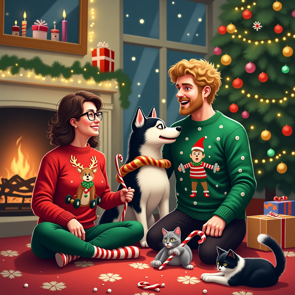 In the heart of a cozy, snow-blanketed living room, the scene captures a charmingly chaotic Christmas morning with an unexpected twist. Central to the image is a festive living room adorned with twinkling fairy lights and garlands draping over a grand fireplace. A towering Christmas tree stands proudly in the corner, its branches heavy with ornaments, from classic baubles to quirky gym-themed decorations like miniature dumbbells and tiny protein shakes, nodding to your shared passion for fitness. The carpet is a bright red with white snowflake patterns, complementing the green and gold decor scattered throughout the room. 

To the left, you are depicted seated cross-legged on the plush cream carpet, wearing a bright red Christmas sweater featuring a cartoonish reindeer lifting weights. Your brown hair, slightly tousled, and glasses reflect the twinkle from the Christmas lights. Beside you, your boyfriend stands tall and slim, in a green sweater with an elf doing pull-ups, playfully showing off his curly blonde hair and a distinguished moustache. He's holding a long, colorful candy cane that's almost as tall as he is.

Your energetic husky, with its black and white fur strikingly contrasting against the red of your sweater, is playfully attempting to pull one end of the candy cane. Nearby, two cats complete the scene: the black and white spotted cat lazily swats at a bauble that has fallen from the tree, while the grey brindle cat is curled up inside an empty gift box, its tail flicking lazily as it watches the festivities unfold. Each of you wears a matching set of red and green striped socks, adding to the playful and harmonious tone of the scene. The entire scene feels like a snapshot of a Christmas morning where joy, love, and a sprinkle of chaos reign supreme.
Generated with these themes: christmas cover funny with me 38 years old male brown hair and glasses, my 31 years old boyfriend blonde and curly with hair and moustache, blue eyes, taller than me and slimmer, both athletic and jim addisted, our dog husky black and white, and two female cats one with black and white spots, the other grey brindle cat.
Made with ❤️ by AI.