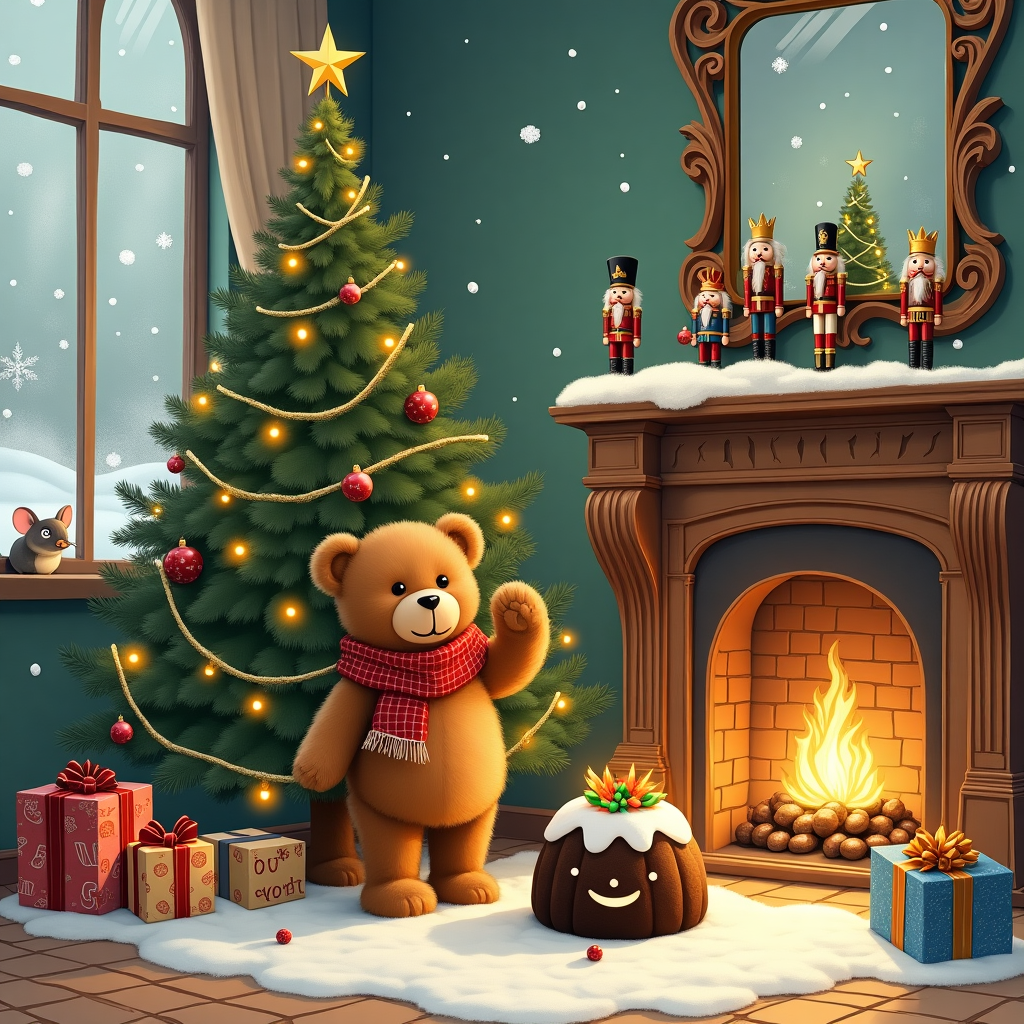 Teddy bear holding Christmas pudding with a smiley face by a Christmas tree Christmas Card