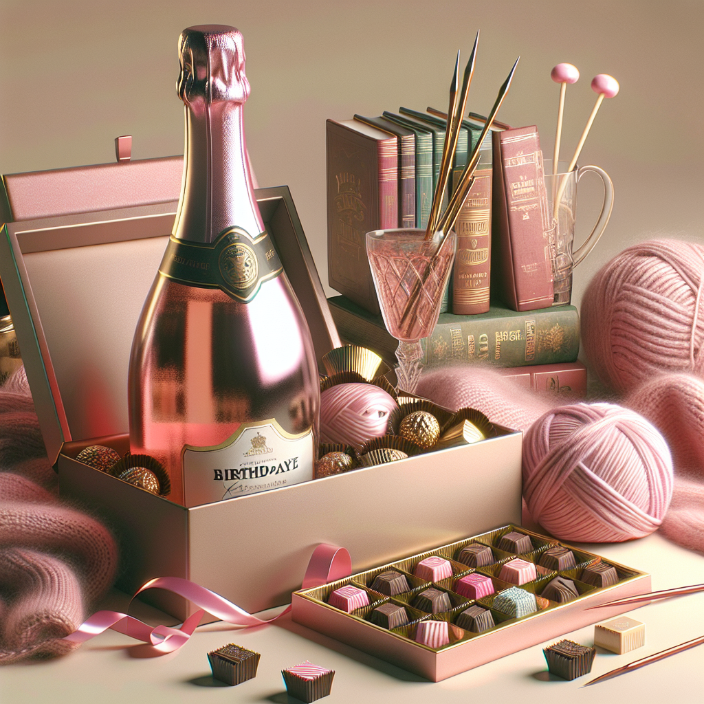 The illustration depicts a festive birthday setting where a glistening bottle of pink champagne awaits to be popped. Next to it, a selection of fine chocolates in a quaint box tempts the palate. A cozy corner displays knitting needles and yarn on a stack of classic books, invoking a feeling of homely comfort. The entire scene is bathed in soft pinks and creamy whites, exuding warmth and celebration.
Generated with these themes: Pink champagne chocolates knitting books.
Made with ❤️ by AI.