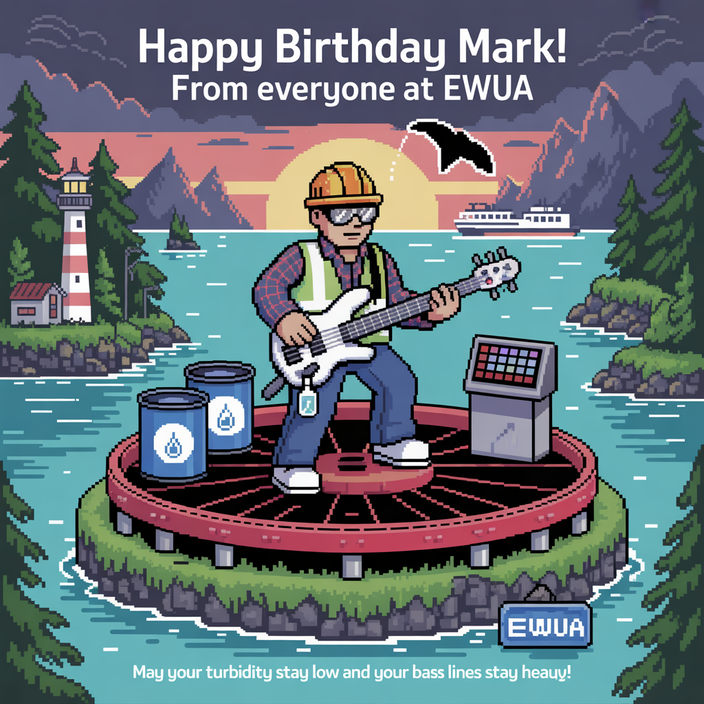 At the top of the Pixel Art Style image, "Happy Birthday Mark! from everyone at EWUA"

At the bottom of the image, "May your turbidity stay low and your bass lines stay heavy!"

- Center scene: A circular water clarifier on a tiny mossy Pacific Northwest island doubles as a rock stage. Pixel Mark, in hi‑vis vest over plaid flannel with hard hat and safety goggles, shreds a bass shaped like an oversized pipe wrench. A sample bottle dangles from his belt; one boot is propped on a big red valve wheel as a mic stand.
- Band gear gag: Drum kit made from blue chemical drums with droplet icons; a SCADA panel as a synth; a squat water tower as the amp stack (speaker grille pattern, tiny “EWUA” logo badge).
- Setting details: Evergreen pines, a striped lighthouse, distant ferry, and jagged mountain silhouettes under a drizzly, moody sunset. An orca fin slices the teal water; a salmon does a celebratory pixel jump.
- Visual jokes: Musical notes rise as shiny water droplets; seagulls wear ear protectors; a flow meter on a stand ticks like a metronome; a safety cone moonlights as a stage monitor.
- Color and style: Crisp 8-bit pixel art, vibrant limited palette (deep teals, pine greens, sunset magentas, hi‑vis orange), chunky square pixels, bold outlines, subtle dithering on sky and sea, no anti-aliasing.
- Composition: Big pixel-font headline at the top with a navy outline; lively center action on the clarifier-stage with reflections rippling in the water; short punchline at the bottom in a bright, blocky pixel font.
Generated with these themes: Water Treatment Operator, Living on an island in pacific northwest, Plays in a band, and .
Made with ❤️ by AI.