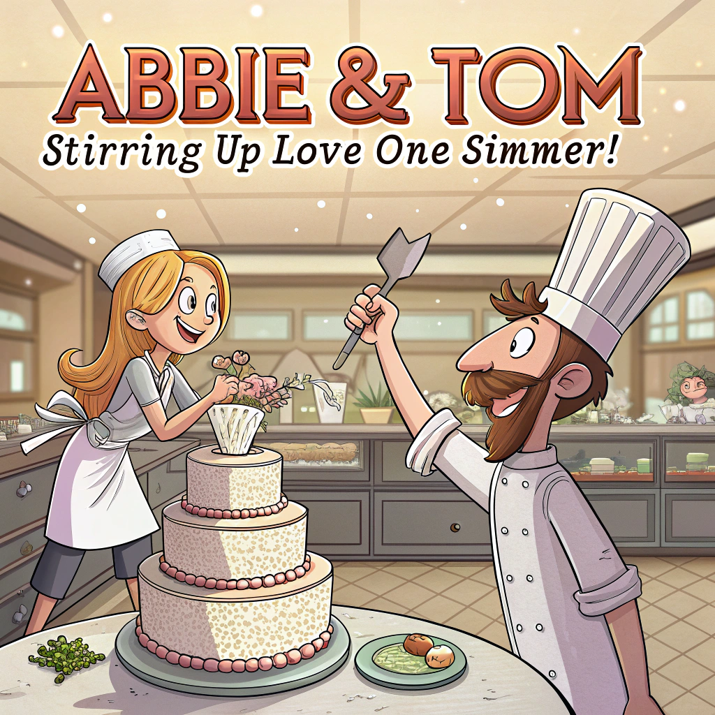 At the top of the image, "Abbie & Tom — Stirring Up Love One Simmer at a Time!"

- Illustrate a comical cartoon scene set in a bustling commercial kitchen. Abbie, with long fair hair tucked under a tall chef’s hat, is delicately frosting a multi-tiered wedding cake… using a piping bag like it’s a magic wand. She’s grinning, while juggling a whisk in the other hand.

- Tom, sporting a shaggy brown beard and moustache, also in full chef attire, is dramatically flipping heart-shaped pancakes onto a sizzling skillet — but one of them lands hilariously on his chef hat.

- Behind them, chaotic but loving kitchen antics ensue: a mischievous lobster in a stock pot holding a mini “Just Married” sign, pots and pans arranged into a makeshift altar, and heart-shaped steam puffing out from boiling pots.

- There’s even a mischievous cat in a bowtie trying to “taste test” a towering cheese wheel marked “wedding menu”.

- Everything should be lighthearted, colorful, and joyfully chaotic — just like love (and professional kitchens).
Generated with these themes: Both chefs, In a commercial kitchen , Getting married, Girl long fair hair , and Boy brown hair beard moustache .
Made with ❤️ by AI.