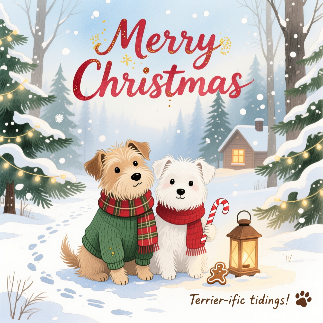 At the top of the Watercolor Style image, "Merry Christmas" in hand-lettered watercolor script, cranberry red with soft gold flecks, gently bleeding edges, floating in a pale winter sky wash.

A cute watercolor winter scene: two small terriers (one scruffy tan, one fluffy white) sit close together on a snow-dusted forest path, wearing cozy knit scarves and wee sweaters in forest green and tartan red. Snow-laden evergreen trees frame them, boughs twinkling with tiny warm fairy lights; a wooden lantern glows amber beside them, and faint pawprints trail behind in the powdery snow. One terrier tilts its head with bright button eyes; the other holds a tiny candy cane or gingerbread bone. Soft flakes fall in loose white splatters; their breath is a misty puff. In the distance, a hint of a cozy cabin window glows through the pines.

Soft watercolor washes with delicate gradients and subtle pigment blooms on natural cold-press paper texture. Wet-on-wet for sky and background trees; dry-brush details for whiskers and fur; muted frosty blues, pine greens, and cranberry reds balanced by warm golden highlights. Gentle vignette and airy negative space around the top text, no harsh outlines, whimsical and heartwarming.

At the bottom right in tiny playful watercolor script, add a single cheeky line: "Terrier-ific tidings!" (small pawprint accent).
Generated with these themes: Christmas, terriers, snow, trees, cozy, and .
Made with ❤️ by AI.