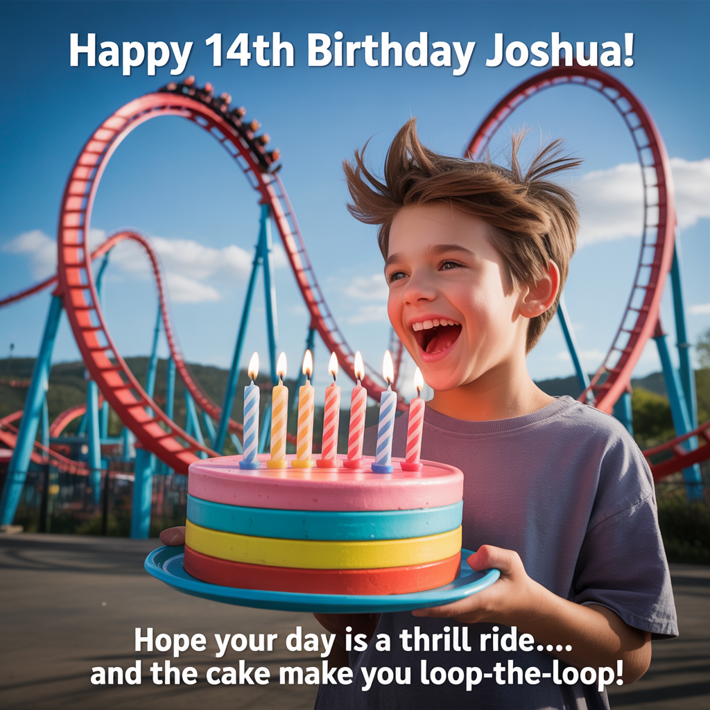At the top of the image, "Happy 14th Birthday Joshua!":

At the bottom of the image, "Hope your day is a thrill ride... and the cake doesn't make you loop-the-loop!"

- Create a vibrant, photorealistic scene at an amusement park with a colossal roller coaster in the background, soaring high and looping dramatically. 

- In the foreground, capture a candid moment of a young boy with a joyous expression, his hair swept back by the wind as he clutches a colorful birthday cake with roller coaster-shaped candles.

- The coaster's track could twist playfully to mimic the candles on the cake, adding an extra layer of whimsy and fun to the image.
Generated with these themes: Roller coasters, and .
Made with ❤️ by AI.