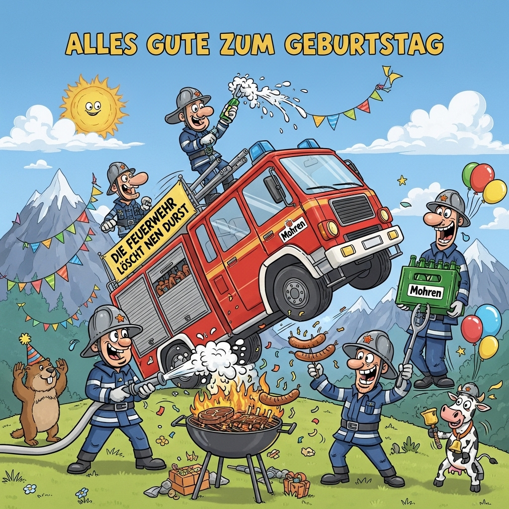 Fire department, Mohren beer, meat to eat, mountains, and Birthday Card