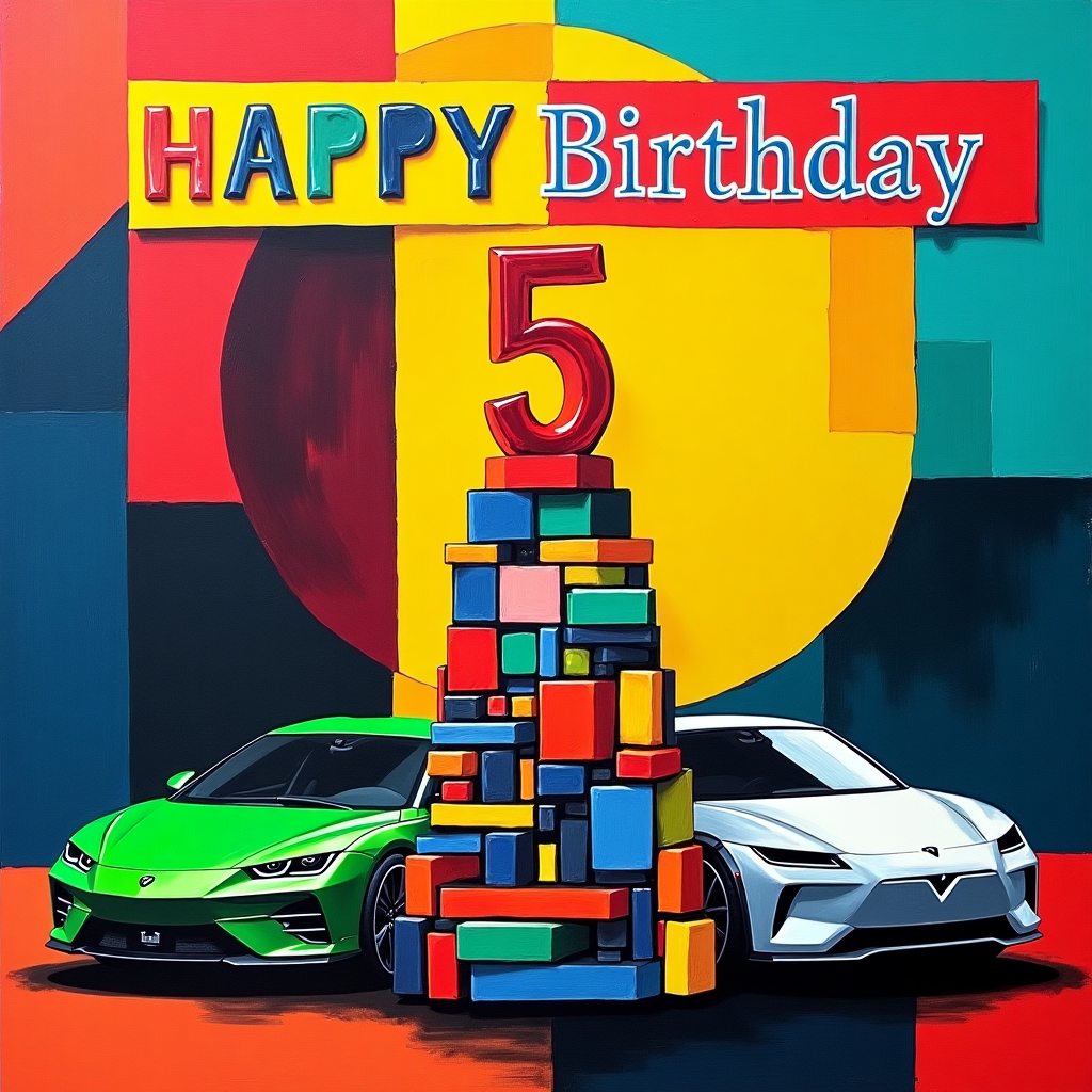 Green lamborghini, A tesla cybertruck parked next to the green lamborghini, A birthday cake with a lego city theme and the number 5 on the cake, Happy birthday Xavier banner above the cake , and Lego city theme Birthday Card