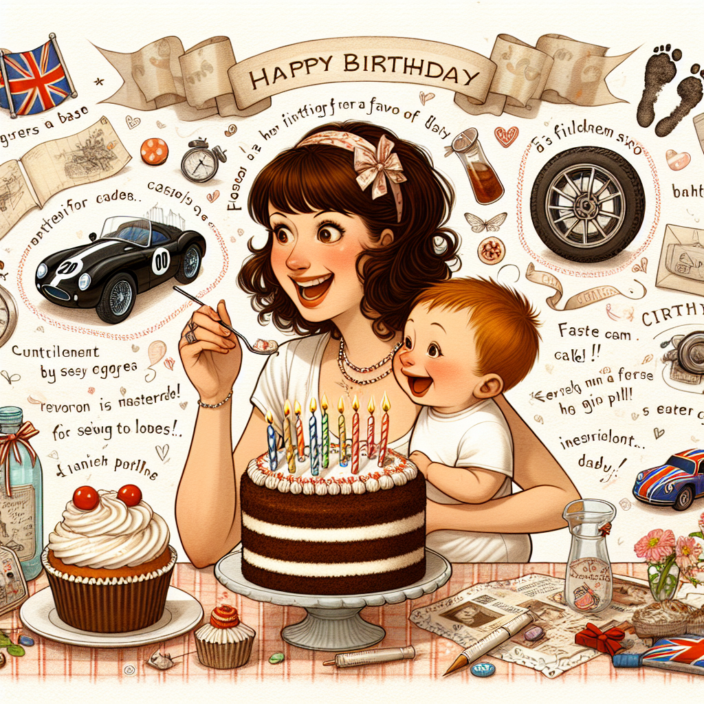 An endearing illustration set in a birthday theme shows a brown-haired British woman, in her late thirties, merrily celebrating her day with her delighted baby son. The background is tastefully punctuated with her interests, represented by sketches of magnifying glasses, footprints for her favor of mystery solving, and sewing paraphernalia strewn across the scene. Enthusiasm for fast cars is showcased through creatively designed cupcakes shaped like race cars circling the main cake. Symbols of maternity like a baby bottle and pacifier are interspersed with traditional English candies, painting a warm image of familial bonds. A fluttering banner sends across sincere birthday wishes for this happily married pair.
Generated with these themes: CSI, Sewing , Brown hair, 38 year old, F1, Mother of 1 year old baby son, British, Sweeties, and Married.
Made with ❤️ by AI.