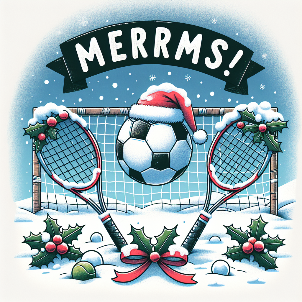 A vibrant Christmas illustration featuring a cartoonish snow-covered soccer field with a festive soccer ball wearing a Santa hat. Nearby, two tennis rackets with ribbons lean against a net adorned with holly, while the cheerfully bold text 'Merry Xmas!' floats above in the snowy sky.
Generated with these themes: Soccer, and Tennis.
Made with ❤️ by AI.