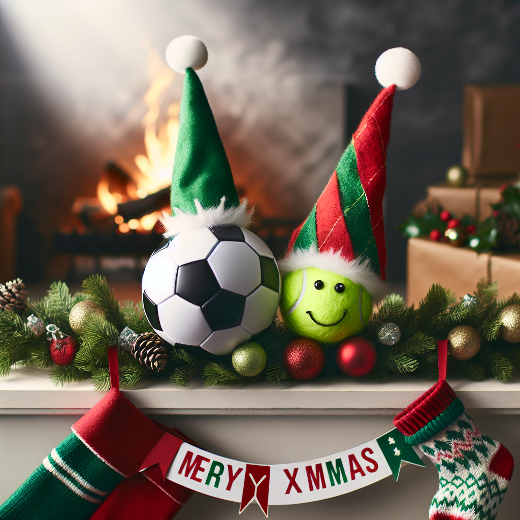 A whimsical scene unfolds with a smiling soccer ball and tennis ball wearing elf caps, placed on a mantlepiece decorated with garland and Christmas stockings. Behind them, a cozy fireplace glows warmly, and the 'Merry Xmas!' greeting hangs above as a bright, festive banner.
Generated with these themes: Soccer, and Tennis.
Made with ❤️ by AI.