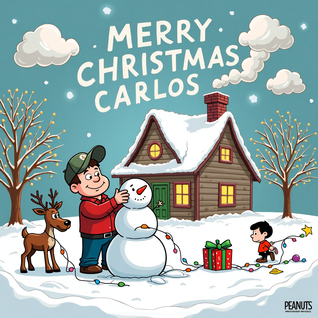 In a whimsical snow-laden village, reminiscent of a cozy Christmas card, the scene unfolds with a hilarious twist. Front and center, a cartoonish Maytag repairman, clearly the "Half-Ass Maytag Man," stands by a snowman he's half-heartedly building. The snowman is comically lopsided, with mismatched buttons, a carrot that's too short for a nose, and a hat that sits askew, capturing the repairman's lackluster approach to holiday cheer. He's wearing a cap with a tiny jingle bell that hangs limply to the side, giving him a bumbling charm.

To his left, a gleeful reindeer with a bright red nose pokes at the snowman with one hoof, as if trying to help fix it. Above the scene, twinkling holiday lights are strung haphazardly across the scene, their cords tangled like a child's drawing. In the sky, fluffy cartoon clouds are arranged to spell out "MERRY CHRISTMAS CARLOS," with the letters outlined in glittery snow to catch the eye. 

In the background, a whimsical cottage with a crooked chimney puffs out heart-shaped smoke, reminiscent of Hergé's attention to detail with a touch of Disney magic. The house is adorned with oversized Christmas ornaments and candy canes, as if Will Eisner himself designed it. On the front lawn, a tiny Astro Boy figure stands in awe, holding a gift-wrapped box labeled "To: Carlos," as if marveling at the chaotic creativity unfolding.

To add a Peanuts-style twist, a tiny dog—think of Snoopy's mischievous cousin—darts across the scene, dragging a string of colorful Christmas lights that trail behind like a comet, leading to a whimsical chaos that ties the entire scene together.
Generated with these themes: MERRY CHRISTMAS HALF ASS MAYTAG MAN .
Made with ❤️ by AI.
