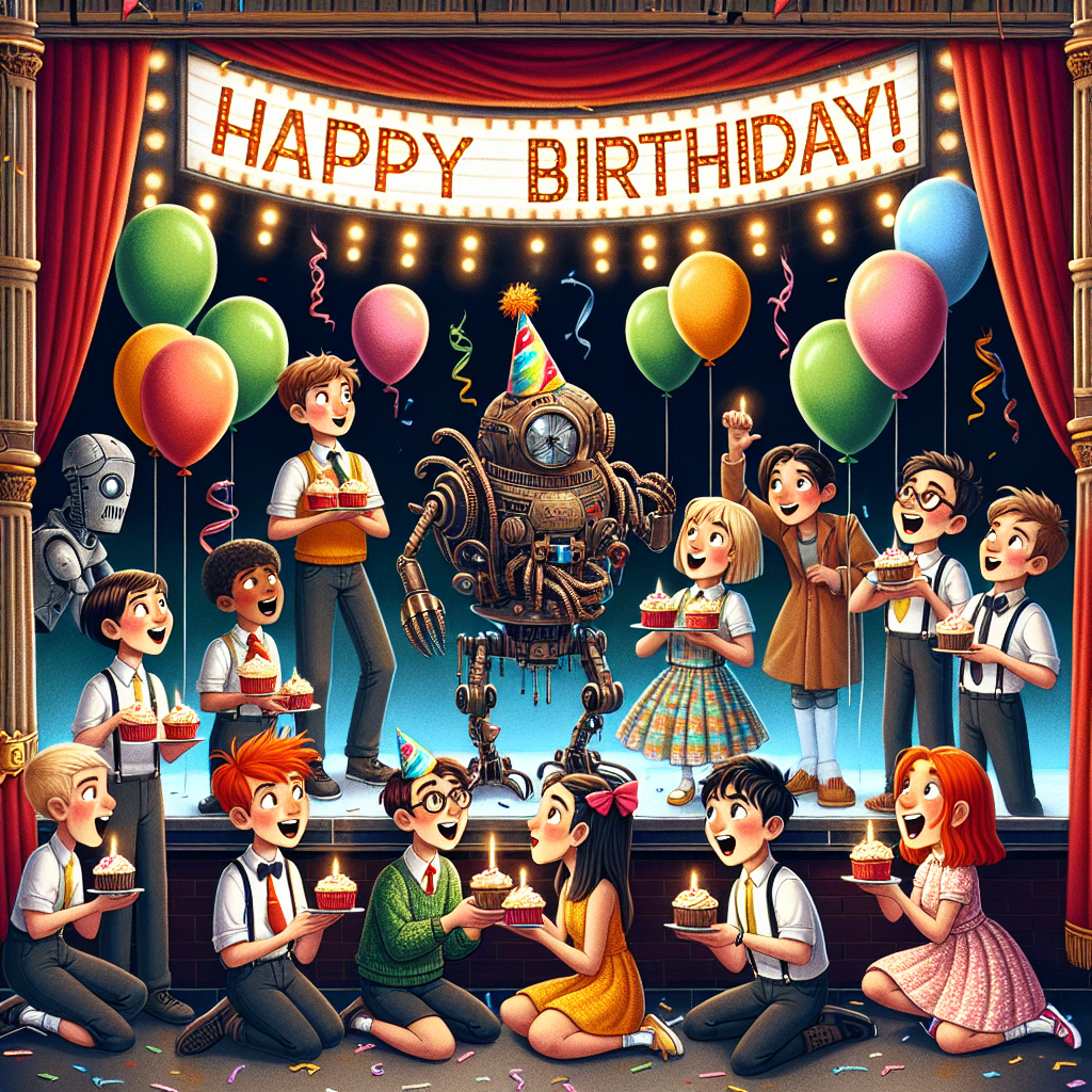 The illustration depicts a charming birthday party in a West End Theatre setting, with stage curtains draping the background. A cheery Dalek is centered, adorned with a party hat, surrounded by Grange Hill students holding cupcakes. To the side, Marmalade Atkins and Gandhi are laughing together, a bundle of colorful balloons in hand. Above, the marquee reads 'Happy Birthday!' with spotlights adding a dramatic effect. The celebratory scene is humorously overseen by Octopussy, who dangles from the rafters, playfully interacting with the delighted partygoers.
Generated with these themes: Dalek, Grange hill, Marmalade atkins, The west end theatre, Ghandi, and Octopussy .
Made with ❤️ by AI.