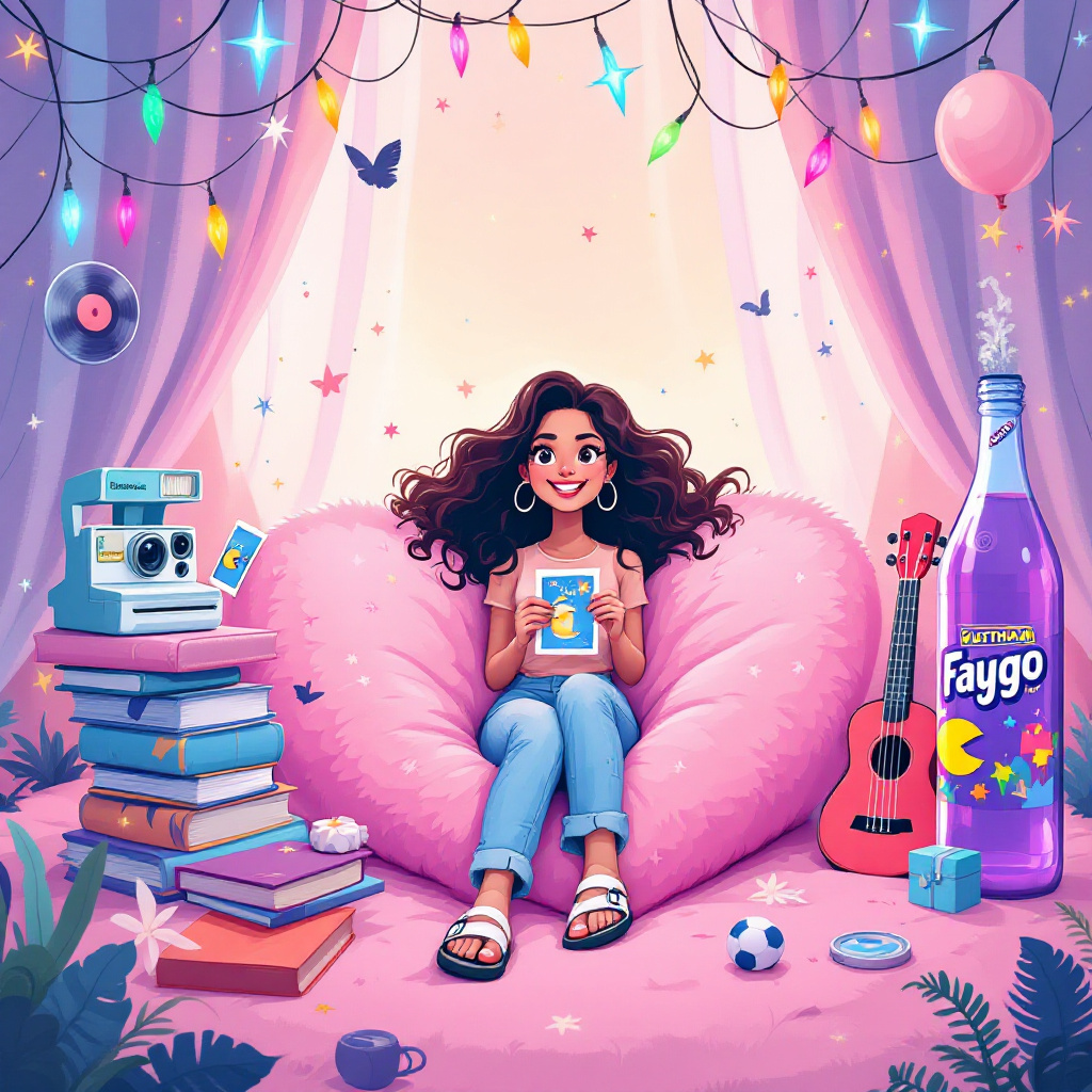 In a whimsical and vibrant cartoon birthday card design for Justina's 18th, we enter a bustling, colorful scene packed with delightful details that celebrate her passions. The background is a pastel-hued room, reminiscent of a VSCO-inspired dreamscape, with soft, vintage tones of pinks, lavenders, and aquas. In the center, Justina is seated on an oversized, plush, fuzzy pillow shaped like a giant heart, her feet clad in classic Birkenstock sandals. 

Surrounding her are fairy LED lights twinkling in various colors, hanging from the ceiling in a loose curtain of stars. To her left, an old-school Polaroid camera, which has just ejected a snapshot capturing her joyous expression, rests atop a stack of vinyl records, the topmost featuring a stylized illustration of Pac-Man. On the right, a tall plastic bottle of Faygo soda in vivid purple stands proudly, its cap popped open, with fizzy bubbles cheerfully rising upwards.

In the foreground, a ukulele and a guitar lean casually against a chic wooden cabinet. Each instrument is adorned with pastel stickers of flowers and butterflies, hinting at her musical inclinations. Scattered around her, pieces of Sephora makeup are artistically spilled – a tube of lipstick, a compact mirror reflecting a sliver of light, and a palette of eyeshadows displaying a rainbow of soft shades. 

Adding a touch of glam, several pieces of Evry jewelry – silver rings and layered necklaces – sparkle under the gentle glow of the lights. Behind her, open shopping bags from Garage Clothing, Urban Outfitters, Aritzia, and Hollister spill their contents – trendy tops, vintage-inspired jeans, and cozy sweaters.

The scene is a delightful collage of Justina's interests and aspirations, each item thoughtfully positioned to tell the story of a young woman celebrating the exciting milestone of her 18th birthday in her unique style.
Generated with these themes: 18th birthday card for a girl named Justina with a vsco theme; ukelale, guitar, vinyl records, pacman, faery led lights, tall plastic bottle faygo soda, polaroid camera, fuzzy pillows, sephora makeup, evry jewelry, garage clothing, urban outfitters, aritzia, hollister, birkenstock sandals, pastel, vintage, soft colors..
Made with ❤️ by AI.