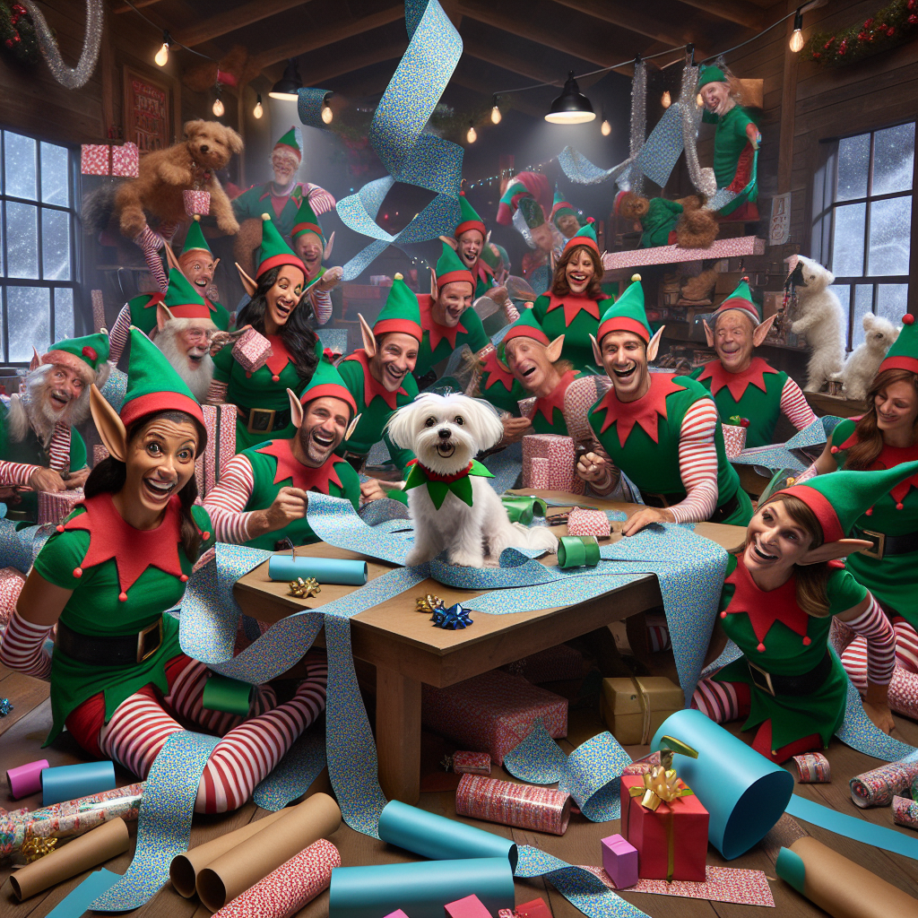 A bustling elf workshop is the setting, where a mischievous Maltese dog, sporting a green elf collar, inadvertently entangles itself in a pile of wrapping paper and ribbons. Elves chuckle and snap photos, while the dog wags its tail, obliviously adding Christmas cheer.
Generated with these themes: Maltese dog.
Made with ❤️ by AI.