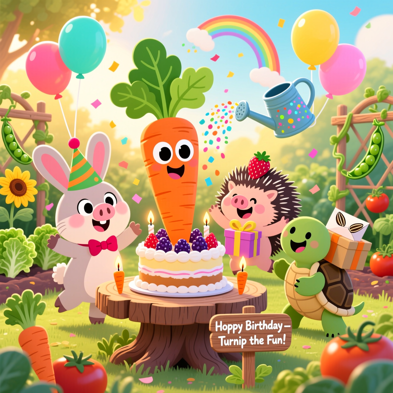 Cute birthday cartoon scene in a lush vegetable garden at golden hour: a tall vegan carrot-and-berry cake on a tree-stump table with tiny carrot-shaped candles, surrounded by playful animal friends with oversized heads, big shiny eyes, and bold thick outlines— a bunny in a leaf party hat, a rosy piglet with a radish bow tie, a hedgehog balancing a strawberry gift, and a tortoise carrying seed-packet presents. They laugh, dance, and hug amid lettuce beds, pea-vine trellises, sunflowers, tomatoes, and carrot tops; fruit-and-veg balloons bob in the air; a watering can showers glittery rainbow “sprinkles” onto the cake; confetti drifts like petals. Style: playful cartoon, exaggerated proportions, clean cel shading, bright saturated colors (lime green, carrot orange, radish magenta, sky turquoise, sunny yellow, bubblegum pink), whimsical energetic poses, warm soft sunlight, portrait full-bleed composition. Include a small wooden plant marker near the bottom with hand-lettered text in white: “Hoppy Birthday — Turnip the Fun!” No other text.
Generated with these themes: Friendship, Animals, Vegan life, Gardens, and .
Made with ❤️ by AI.