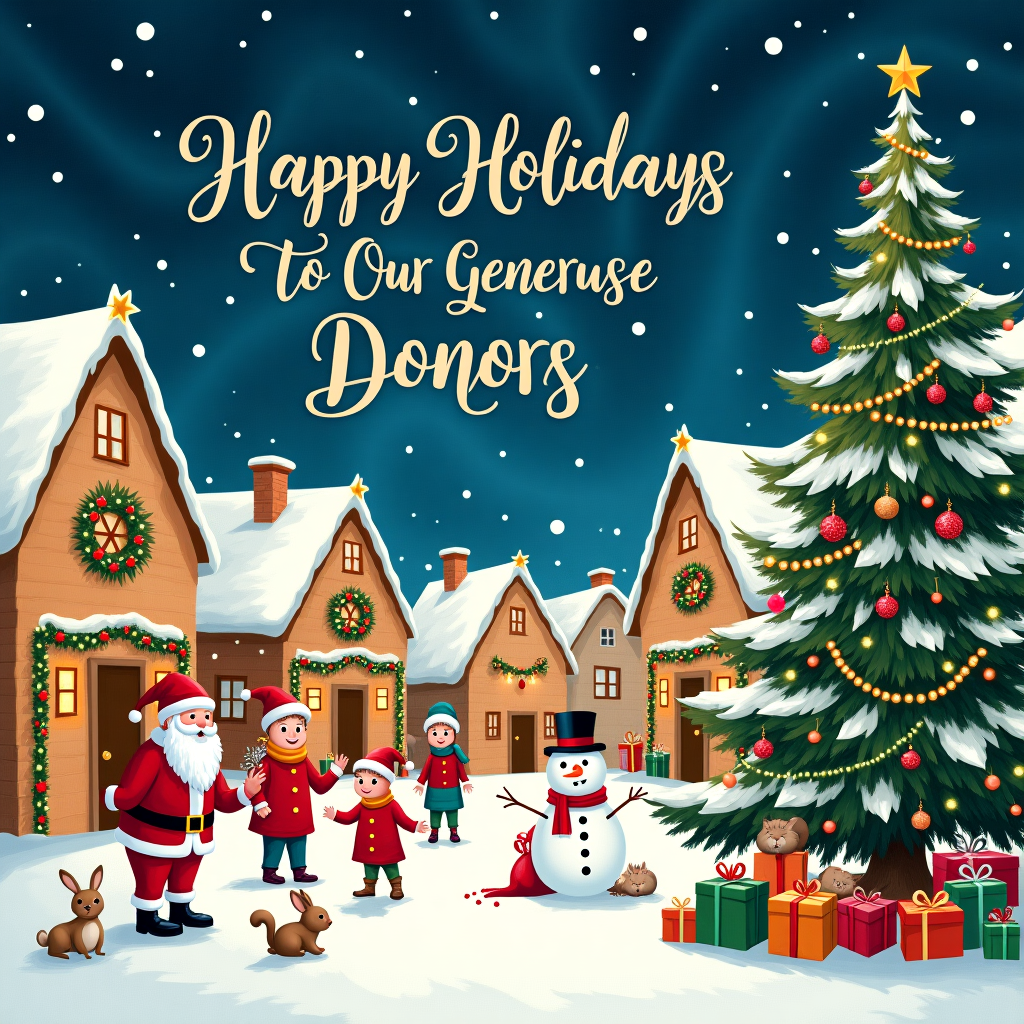 In the whimsical world of this Christmas greeting card, a vibrant village square brims with joyous holiday cheer. The scene is set in a picturesque, snow-blanketed hamlet, where gingerbread-style cottages line the square, each one decorated with twinkling fairy lights and vibrant garlands. At the heart of the square stands a colossal, festively adorned Christmas tree, its branches laden with ornaments shaped like small icons representing the organization's values: hearts for compassion, puzzle pieces for collaboration, hands shaking for integrity, circles of friends for inclusivity, and feathers for respect. Each ornament glimmers under the softly falling snowflakes.

In the foreground, a group of children bundled in colorful scarves and mittens build a snowman, whose smiling face is adorned with a top hat bearing the foundation’s logo. Nearby, a cheerful Santa Claus, inspired by the jolly figures of Norman Rockwell, offers candy canes from his sack to the townsfolk, who are busily milling about with bags of gifts and festive treats. 

In the background, the night sky is an enchanting canvas, painted in swirling hues of midnight blue and silver, reminiscent of Maxfield Parrish’s ethereal skies. Nestled amongst the stars, in sparkling, curlicue script that echoes the elegance of Aubrey Beardsley’s line work, the words "Happy Holidays to Our Generous Donors" dance across the heavens. Each letter twinkles as if dusted with stardust, ensuring the message is as festive as it is heartfelt. 

Adding a touch of Beatrix Potter’s charm, a few whimsical woodland creatures—rabbits and squirrels donning tiny Santa hats—join in the festivities, playfully hiding among the presents under the Christmas tree. 

This bustling scene not only encapsulates the warmth of the holiday season but also celebrates the organization's values and expresses gratitude to its donors in an imaginative, storybook fashion.
Generated with these themes: happy holidays .
Made with ❤️ by AI.
