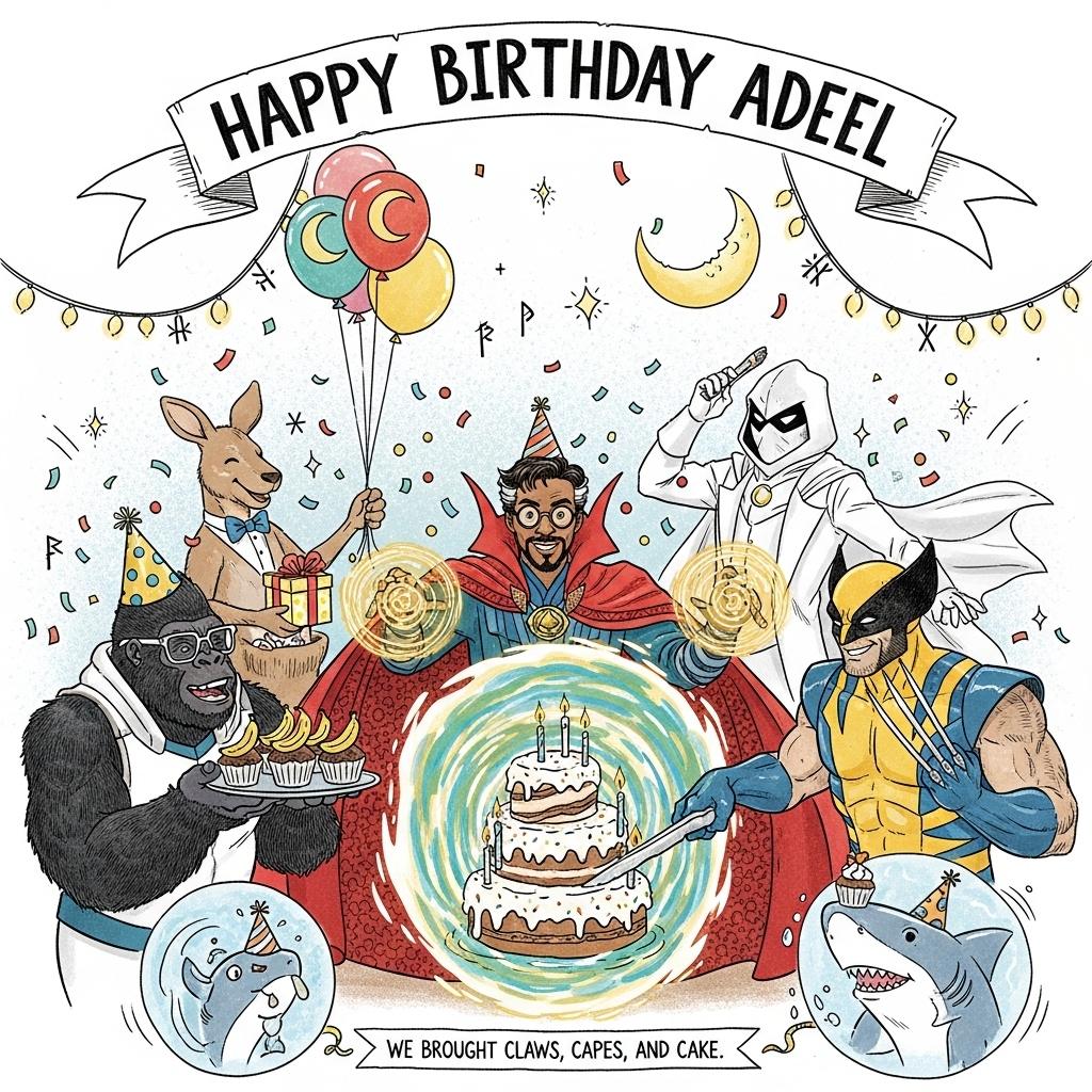 At the top of the Illustration Style image, hand-lettered in playful bold script on a ribbon banner: “Happy Birthday Adeel”

A big, hand-drawn, funny birthday scene in a cozy, mystical party space. Center stage: Doctor Strange as the birthday boy (brown skin, round glasses), grinning with a party hat perched on his head. His red Cloak of Levitation swishes like a celebratory cape as he conjures a swirling, glowing portal shaped like a giant frosted birthday cake, candles floating in a spiral. On his left, Winston from Overwatch (the brilliant gorilla) in a tiny cone hat, carefully presenting banana cupcakes on a tray while peeking over his glasses with giddy curiosity. On his right, Wolverine in his iconic yellow-blue suit, smirking as he delicately slices the portal-cake with a single gleaming claw. Behind, Moon Knight gleams in crisp white, juggling crescent-moon balloons and streamers while trying to keep the suit spotless. A cheerful kangaroo in a bow tie offers a gift poking out of its pouch, and a friendly shark wearing a party hat pops through a little water-bubble portal, balancing a cupcake on its nose.

Composition is balanced and lively: characters forming a semi-circle around the birthday boy, with confetti, floating runic sparkles, and string lights arcing across the scene. Warm, expressive color palette—rich reds, golds, teals, and moonlit silvers—with fine ink linework, textured brush strokes, and subtle paper grain. Soft, candlelit glow and playful motion lines. No logos.

At the bottom, in a small cheeky caption, hand-lettered: “We brought claws, capes, and cake.”
Generated with these themes: Dr Strange as birthday boy (brown skin with glasses), Overwatch winton , Moonknight marvel , Wolverine marvel , Kangaroo , Shark, and .
Made with ❤️ by AI.