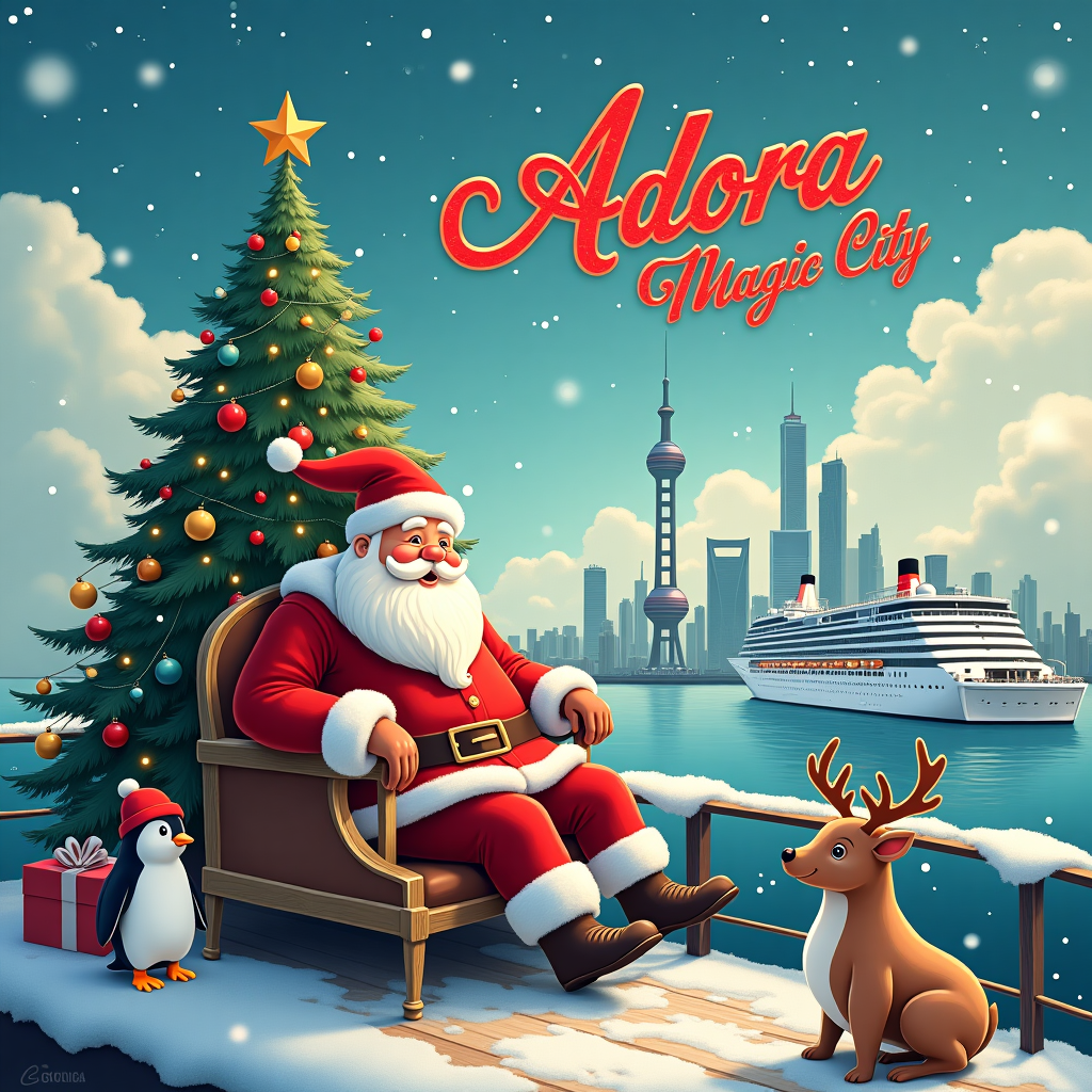 Santa, Snow, Cruiseship, Christmas tree, and Shanghai Christmas Card