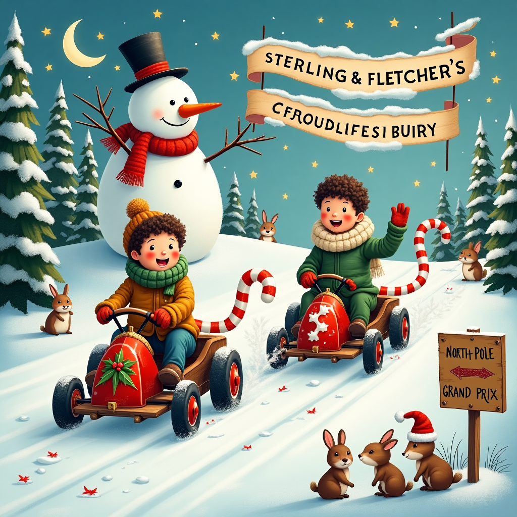 In a whimsical winter wonderland, two young boys, Sterling and Fletcher, are joyfully go-karting down a snow-covered hill. The go-karts, constructed from old sled parts and adorned with Christmas decorations, trail ribbons of vibrant red and green as they race past snow-dusted pine trees. Sterling’s kart has an oversized candy cane as the steering wheel, while Fletcher’s features a sprig of holly proudly displayed on the front. In the background, a giant snowman, wearing a patched top hat and a scarf knitted from mismatched wool, waves a carrot nose in greeting as the boys zoom by. Above the hill, the sky is a wash of twinkling stars and a crescent moon, casting a soft glow on the snowy landscape. Nestled among the stars is a banner formed from clouds that whimsically spell out “Sterling & Fletcher’s Christmas Derby” in fluffy script. On the ground, a cluster of curious woodland creatures—rabbits, a hedgehog, and a fox—are watching the spectacle, each wearing tiny Santa hats. Nearby, a tiny wooden sign, painted with intricate details reminiscent of Beatrix Potter’s style, reads “North Pole Grand Prix” with an arrow pointing in the direction of the boys’ downhill path. This lively scene captures the excitement and magic of a childhood Christmas adventure, set in a storybook landscape rich with charm and playful detail.
Generated with these themes: Two young boys go-karting.
Made with ❤️ by AI.