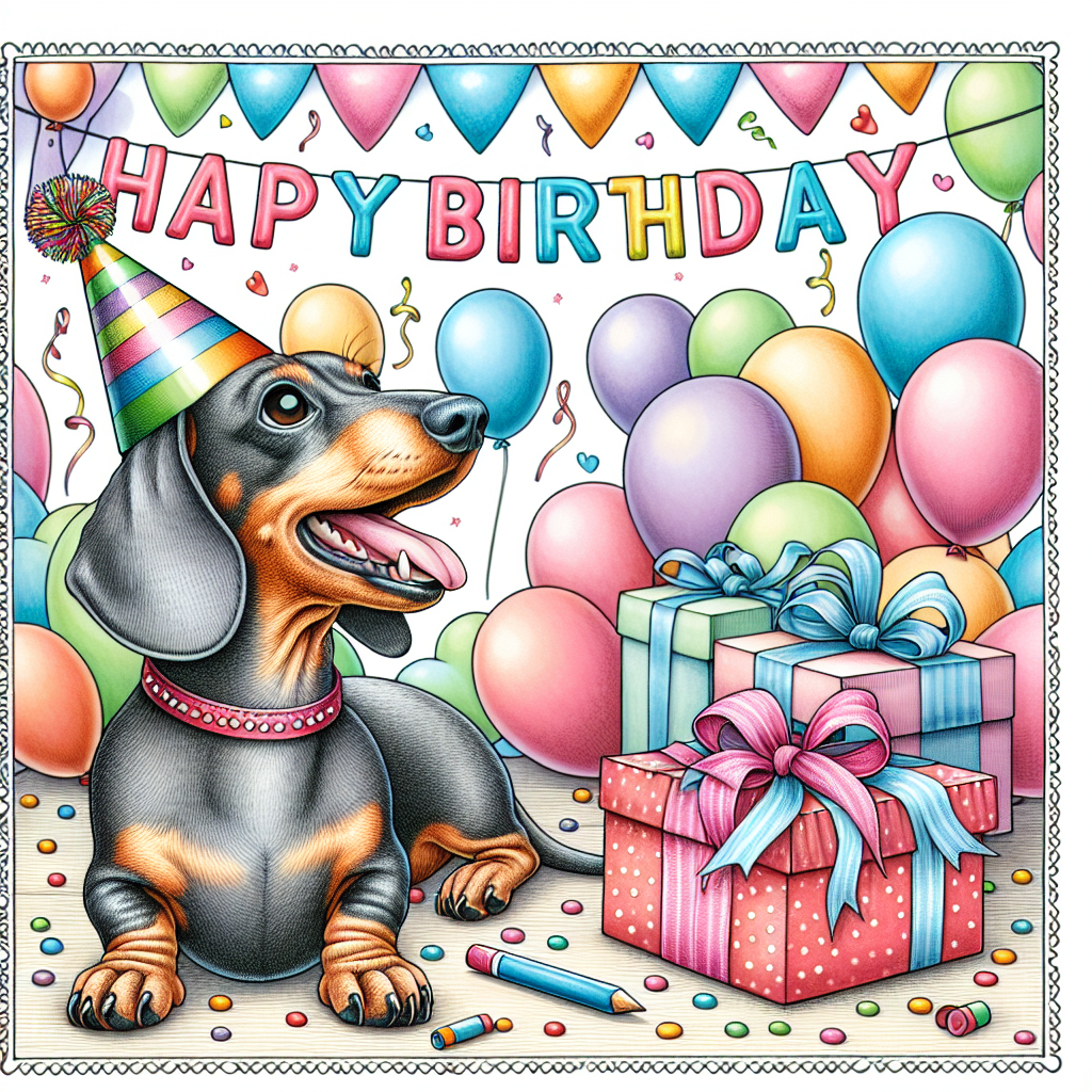 Create a detailed, delightful birthday-themed illustration. Highlight a joyful dachshund in the forefront, wearing a colorful party hat. Its tail should be wagging and it's eyes bright, suggesting joy. The background should be filled with pastel balloons and a festive banner that spells out 'Happy Birthday'. Beside the dachshund, there should be a pile of neatly wrapped birthday gifts, with the dog eagerly waiting as if anticipating the start of the celebration.
Generated with these themes: Dachshund.
Made with ❤️ by AI.