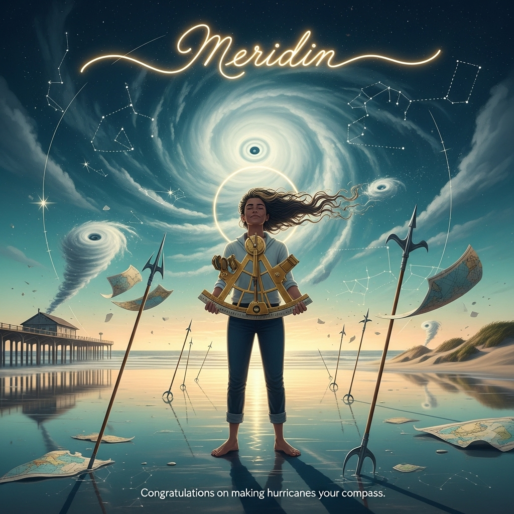 At the top of the Surreal Style image, "Meridin" in luminous, flowing gold script that subtly echoes the curved arcs of a sextant.

A Dali-inspired, dreamlike seascape at golden hour: an endless, mirror-still shoreline reflects an otherworldly sky where a vast hurricane unfurls like a celestial shell. In the center stands a calm, triumphant figure with tanned skin and dark hair streaked with blonde, their wind-tossed strands dissolving into the spiraling storm. They cradle a polished brass sextant whose arms melt into starlit compass roses and faint constellation lines stitched across the heavens. Around them, shortspears rise and drift—some planted in the glassy shore, others floating at impossible angles—softly bending like warm wax; their tips morph into tiny compass needles, their elongated shadows all pointing toward the hurricane’s serene eye. Small cyclones shimmer as gentle, silken ribbons, carrying fragments of nautical charts and star maps; one forms a halo behind the figure, bathing them in ethereal, pearlescent light. Drooping clocklike pier slats and map-covered dunes fade into the horizon. The palette glows with teal and indigo storms, pale golds, and warm ivory; the mood is sincerely celebratory and composed, with soft godrays, delicate sparkles of brass patina, and a quiet, confident smile on the subject.

At the bottom of the image, a small single-line caption in clean, understated serif: "Congratulations on making hurricanes your compass."
Generated with these themes: Sextants, Shortspears, Hurricanes, Tanned skin , Dark hair with blonde streaks, and .
Made with ❤️ by AI.