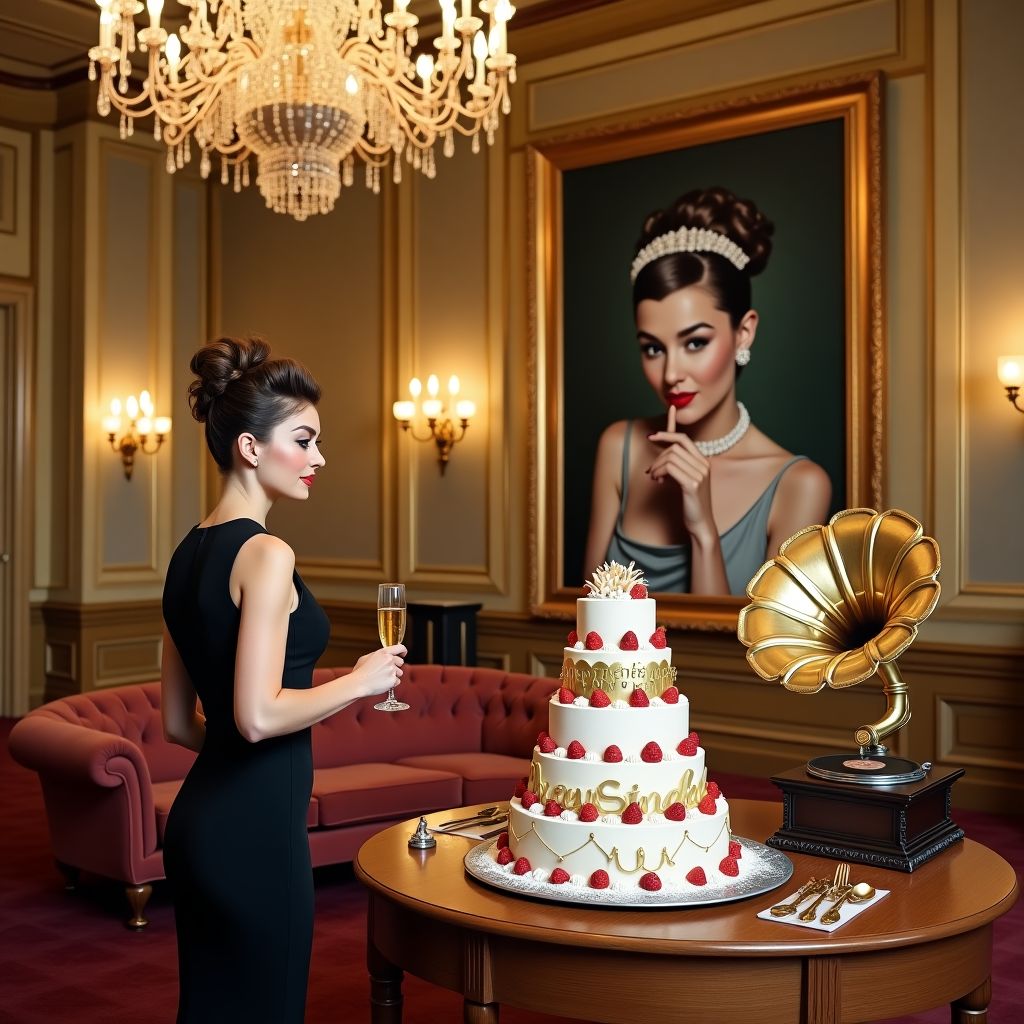 In a grand ballroom reminiscent of the 1960s, with glittering chandeliers hanging from an intricately adorned ceiling, Audrey Hepburn stands poised in her iconic little black dress, holding a flute of sparkling Prosecco. The room is opulent, with golden wallpaper and elegant wooden paneling. On a polished oak table nearby, an extravagant birthday cake towers with tiers of whipped cream and strawberries, topped with a gleaming gold banner that reads "Happy Birthday Mum" in swirling script. A plush velvet settee in the background hosts a vintage gramophone softly playing jazz, and beside it, a cheeky twist: a silver platter artfully piled with powdered sugar mimicking a comedic nod to a heap of cocaine, with tiny novelty spoons arranged around it. To tie the themes together with class, an oversized painting hangs on the wall depicting a whimsical reinterpretation of Hepburn, donned with a pearl tiara, gracefully sipping from a Prosecco glass while winking mischievously. The whole scene is filled with light-hearted elegance and a touch of humorous extravagance, making it a uniquely memorable birthday card cover.
Generated with these themes: Prosecco , Cocaine , Audrey Hepburn, and Classy.
Made with ❤️ by AI.