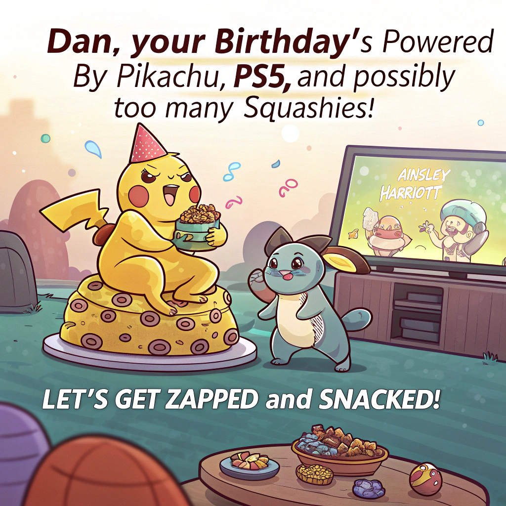 Squirtle, Pikachu, PlayStation 5, Squashie sweets, Jelly tots sweets, and Ainsley Harriott Birthday Card