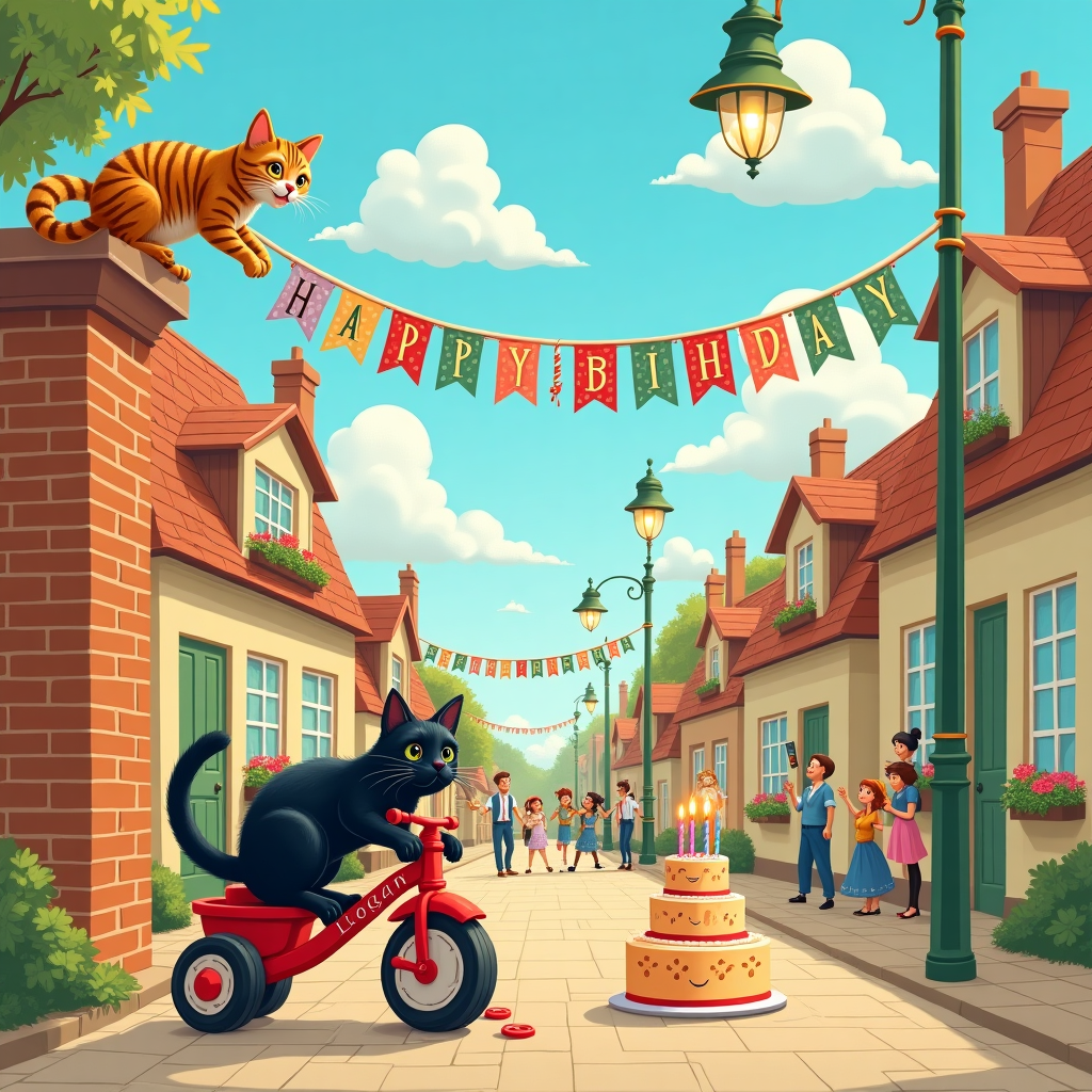 In the whimsical illustration set in a charming old-fashioned village street, we see two mischievous cats engaged in a playful birthday escapade. On the left side of the scene, a tabby cat with a striped tail is perched atop a quaint, brick wall, peering down at its sibling, a sleek black cat that is balancing delicately on the handlebar of a bright red tricycle. This tricycle belongs to "Brother Logan," whose name is cleverly embroidered onto the fabric seat of the tricycle, an element that draws the viewer's eye immediately. The street is lined with small, picturesque houses, their windows adorned with lace curtains and flower boxes overflowing with colorful blooms. 

A cobblestone path meanders through the scene, where a gentle breeze carries festive, colorful bunting that is strung from lamp post to lamp post. The bunting spells out "Happy Birthday Logan" in a jubilant mix of fonts and colors, each letter decorated with quirky details like polka dots, stripes, and small, smiling stars. Near the center of the scene, on the cobblestones, sits a cheerful three-tiered birthday cake, whimsically decorated with tiny cat paw prints and topped with a pair of candles shaped like cats. 

In the background, a small crowd of delighted villagers, dressed in vintage attire, are seen cheering and clapping, each one holding a small, pastel-colored balloon. Above them, the sky is a vibrant expanse of cerulean blue, with fluffy clouds lazily drifting by. In one particularly large cloud, the name "Logan" is subtly formed as though the sky itself is joining in the celebration. This lively, detail-rich illustration draws on the storytelling depth of Norman Rockwell and the playful imagination of Maurice Sendak, with an enchanting nod to the elegant linework of Aubrey Beardsley.
Generated with these themes: Two cats, and Brother.
Made with ❤️ by AI.
