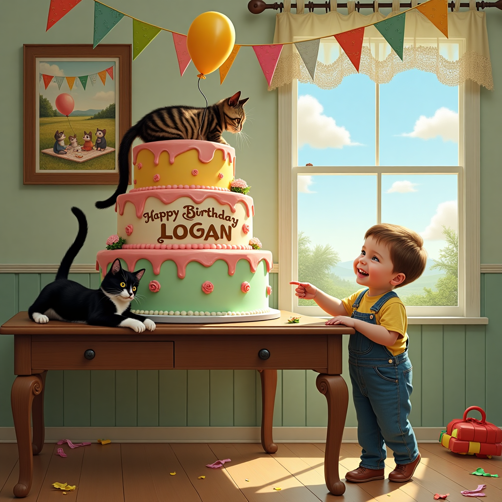 The scene is set in a whimsical kitchen with an oversized birthday cake as the focal point, perched on a wooden table reminiscent of Norman Rockwell's detailed domestic scenes. The cake is multi-tiered and covered in vibrant pastel frosting, with "Happy Birthday Logan" written in swirling, golden icing on the middle tier. Two cats, one tabby and one tuxedo, are playfully perched on the table. The tabby cat is sprawled out on its back, batting at a floating balloon tied to its tail, while the tuxedo cat is peering curiously over the edge of the cake, its paw reaching out to snag a stray icing flower. 

On the wall behind the table, a framed, vintage-style illustration in the manner of Beatrix Potter depicts a charming rural scene, featuring a family of mice celebrating a birthday picnic. Above the table, a string of colorful bunting stretches across the room, with each triangle of fabric spelling out a letter of "HAPPY BIRTHDAY LOGAN." 

In the foreground, a young boy—Logan's brother—is seen with a mischievous grin, caught in the act of trying to sneak a swipe of icing from the cake, his finger just inches away. His overalls are reminiscent of a character from an Edward Gorey illustration, slightly oversized and with intricate stitching detail. On the floor, a small pile of scattered wrapping paper and ribbons suggests a recently opened present.

In the background, through a large window adorned with lace curtains, you can see a clear sky with fluffy clouds that subtly form the shape of balloons, a nod to Maxfield Parrish's dreamy landscapes. The sunlight streams through, casting a gentle glow over the scene and highlighting the rich textures and lively action, all combining to tell a delightful story of birthday mischief and celebration.
Generated with these themes: Two cats, and Brother.
Made with ❤️ by AI.