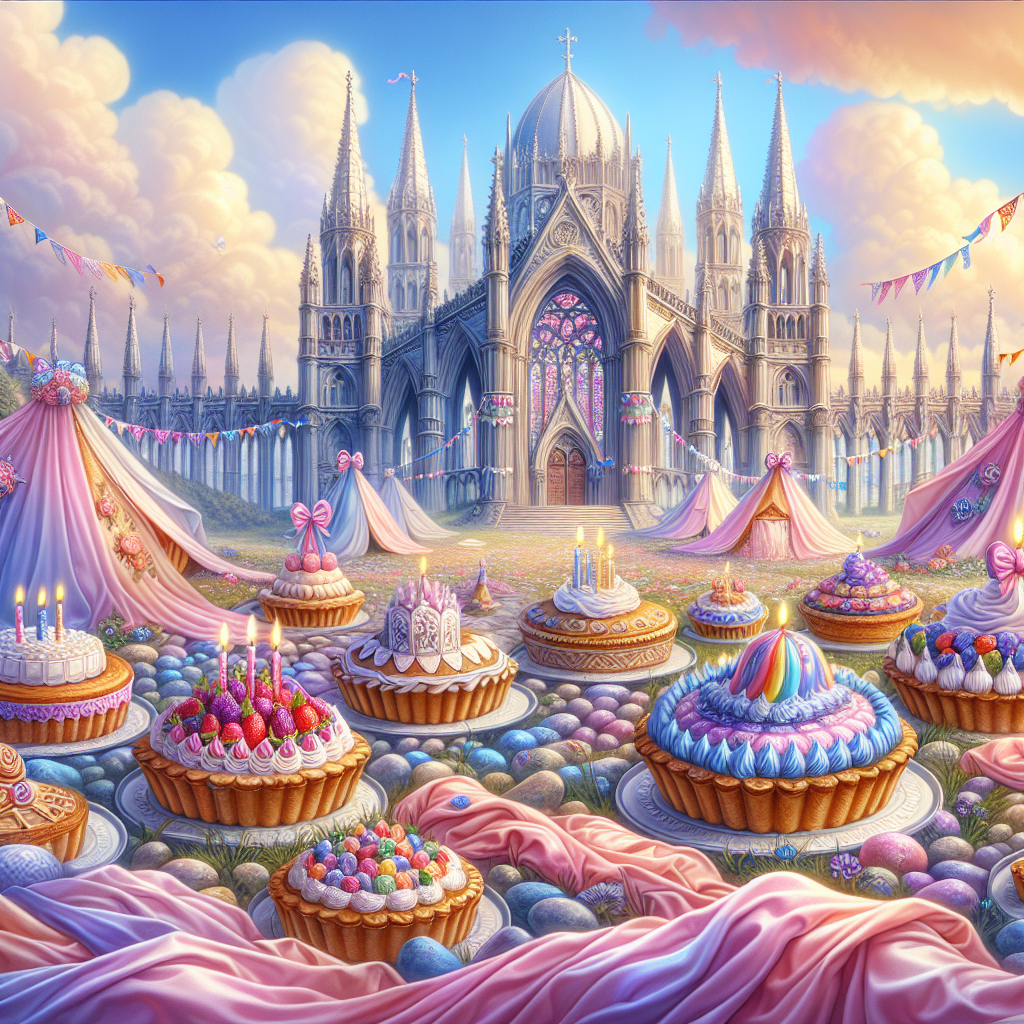 Create a captivating scene illustrating a birthday party set in a whimsical fairytale landscape. Within the scene, there should be an array of exquisitely designed pies that are resting among a field of silky, pastel-colored rocks. In the distance, there's a grand cathedral magnificently decorated with birthday banners. The splendid details of the cathedral's construction provide an awe-inspiring backdrop, adding an extra layer of grandeur to the festivities.
Generated with these themes: Pies , Rocks, and Catherdals.
Made with ❤️ by AI.
