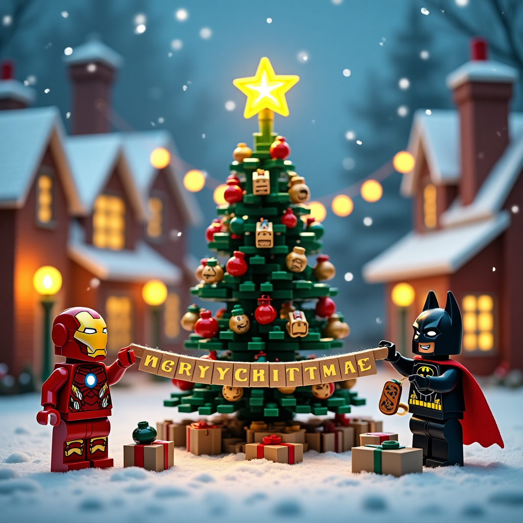 In this whimsical Christmas greeting card scene, we find a bustling snowy village square lit by twinkling fairy lights, where Lego Avengers and Batman characters come to life in the spirit of festive cheer. To the left, Iron Man and Thor, assembled from brightly colored Lego bricks, are joyfully stacking small, gift-wrapped parcels into a sleigh. Thor's mighty Lego hammer is hilariously used to tenderize a turkey leg, while Iron Man's glowing, round chest piece casts a soft light on the snow beneath them. On the right, we see a Lego Batman, his cape fluttering in the gentle winter breeze, stringing together a garland made of Lego bricks shaped like Christmas ornaments, with a festive blend of red and green hues. He is precariously perched atop a ladder, his masked face intent on getting the garland just right.

In the center of this lively tableau, a towering Christmas tree stands adorned with an eclectic mix of Lego mini-figures as ornaments, featuring miniature Hulks and Black Widows. The tree's top is crowned with a star built from translucent Lego pieces that catch the soft glow from the village lights. At the foot of this tree, a banner stretches across, creatively integrated into the snowy ground, spelling out "Merry Christmas Ritchie" with letter-shaped Lego blocks. This adds a personalized touch to the card, with Ritchie's name gleaming in golden Lego bricks, drawing the eye to the heart of this joyful scene. Above, in the snowy sky, fluffy clouds resemble scattered, floating snowflakes, gently falling around the scene, adding to the enchanting Christmas charm.
Generated with these themes: lego  avengers batman .
Made with ❤️ by AI.