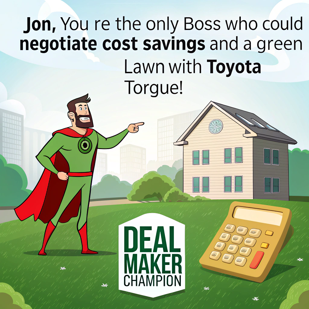 Toyota, Boss, Leader, Cost out, Deal maker, Green front Lawn , Keep it PG (image and text), Winning performance, Cost savings, and Champion Birthday Card