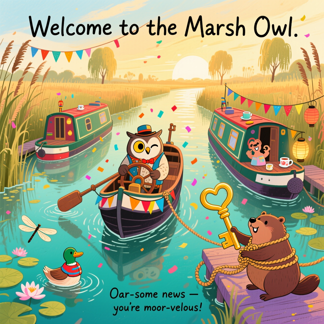 At the top of the Illustration Style image, "Welcome to the Marsh Owl"

Whimsical hand-drawn illustration of a marshland canal at golden hour: slender narrow boats moored along reed-fringed banks, cattails and lily pads, dragonflies skimming the warm teal water. Center stage, a cheerful narrow boat with an owl figure as the jaunty skipper at the tiller, winking; bunting strung from bow to stern, confetti drifting over the scene. Two neighboring narrow boats lean in like excited friends, their decks dotted with celebratory lanterns and tea mugs. A duck in a tiny life jacket proudly presents an oversized golden key on the towpath while a beaver ties an absurdly fancy mooring knot shaped like a heart. Gentle ripples reflect painterly shapes; distant willows and soft marsh grasses frame the scene.

Style: hand-drawn illustration with fine linework and textured brush strokes, watercolor-and-gouache feel, slight paper grain, balanced composition with open sky for the header. Warm, expressive color palette: honeyed sunlight, mossy greens, terracotta reds, creamy highlights, soft shadow violets. Playful, cheeky, feel-good humor; lively yet uncluttered.

At the bottom of the image, in small hand-lettered text: "Oar-some news — you’re moor-velous!"

No other text in the scene.
Generated with these themes: Narrow boats, and .
Made with ❤️ by AI.