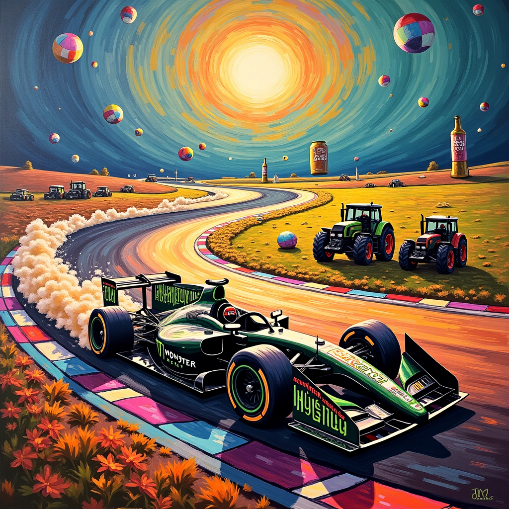 In the midst of a cosmic swirl reminiscent of Kandinsky's vibrant palette, a neon-tinged racetrack twists and turns across the canvas, echoing the energetic lines of de Kooning. A sleek, futuristic race car zooms around the bends, its exterior adorned with fragmented blocks of color, reminiscent of Mondrian's compositions, each section displaying logos of Monster Energy and Strongbow Cider in Rothko-like rectangles of deep greens and effervescent golds. Amidst this dynamic chaos, a mullet emerges from the backdrop, not as a head of hair, but an ethereal cloud of tangled threads akin to Twombly's scribbles, swirling in the wind as the car speeds by. A series of tractors, reduced to Malevich-like geometric abstractions, rest stationary on a field of textured brushstrokes, their tires forming Pollock-esque splatters. Suspended above, a giant, surreal can of Monster Energy and a golden Strongbow cider bottle, both rendered in high realism, loom large like celestial bodies in a Miro-inspired dreamscape. Overhead, Agnes Martin's delicate grid lines cross a sunlit sky, framing this whimsical convergence of speed and pastoral calm.
Generated with these themes: Fast cars, Mullet , Monster energy drink, Strongbow cider, and Tractors.
Made with ❤️ by AI.