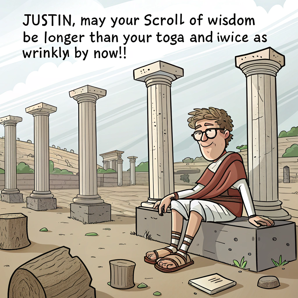 At the top of the image, "Justin, may your scroll of wisdom be longer than your toga (and twice as wrinkly by now!)"

- The image shows a quirky cartoon scene in vector style: An ancient Roman forum filled with marble columns and scrolls scattered everywhere. In the center, a bespectacled, slightly frazzled philosopher version of Justin is sitting on a stone bench surrounded by towering piles of dusty scrolls and birthday presents.  
- He's wearing a too-short toga, mismatched sandals, and is intensely reading a birthday scroll labeled “The Eternal Secrets of Aging Gracefully.”  
- Nearby, a Roman centurion holds a birthday cake on a shield instead of a platter. A laurel crown sits askew on Justin’s head, as confetti rains down from doves wearing tiny scroll helmets.
Generated with these themes: a knowledge seeker in ancient Rome.
Made with ❤️ by AI.
