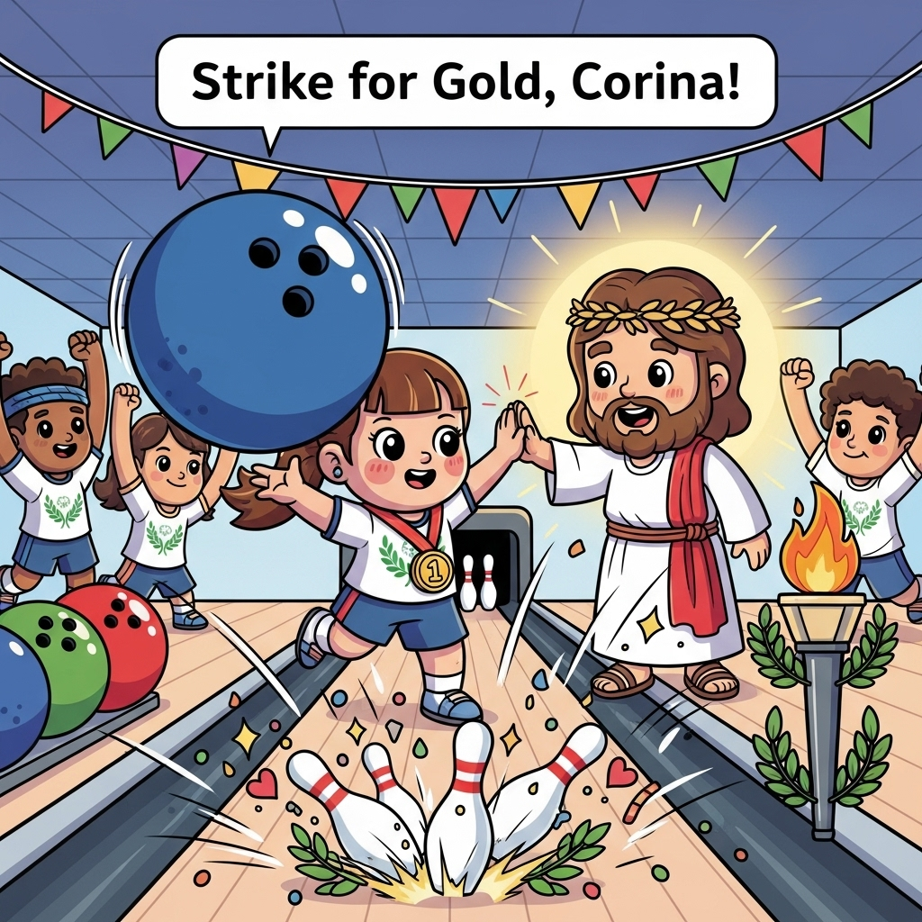 At the top of the Cartoon Style image, "Strike for Gold, Corina!"

Playful, cute cartoon scene celebrating a Special Olympics bowling triumph. In a bright, festive bowling alley, Corina—an adorable, big-eyed bowler with rosy cheeks—releases an oversized, glossy bowling ball in a dynamic, bouncy pose. She wears a gold medal on a red ribbon and a sporty jersey with laurel motifs; diverse teammates cheer from the sides in whimsical, energetic poses (no text on props). The pins explode into a burst of confetti, sparkles, hearts, and laurel leaves as the ball hits for a strike. Beside her, a friendly, supportive cartoon Jesus in a simple robe and sandals, softly glowing, offers a high-five with a warm smile, radiating encouragement. A symbolic torch with a bright flame and laurel accents near the lane subtly nods to the Special Olympics. Thick black outlines, bright saturated colors, soft gradients, glossy highlights, dynamic motion lines, cute mood. Full-bleed vertical composition with clear space for the top caption; no other text.
Generated with these themes: Special Olympics , Bowling, Jesus, and .
Made with ❤️ by AI.