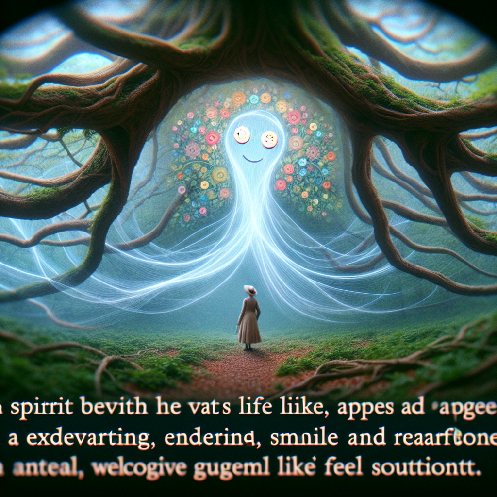 Visualize a scene beneath the tangled branches of a vast, age-old tree. A spirit with a captivatingly lifelike image appears, exhibiting endearing, radiant eyes that resemble buttons. Providing a warm, welcoming aura, it performs a charming and old-fashioned bow. On its spectral, delicate face, a heartfelt smile can be seen that is so vivid, it feels tangible. As it says a touching goodbye, its ethereal form sways gently and rhythmically like a soft zephyr, making the departure poignant and full of grace.
Generated with these themes: Ghost.
Made with ❤️ by AI.
