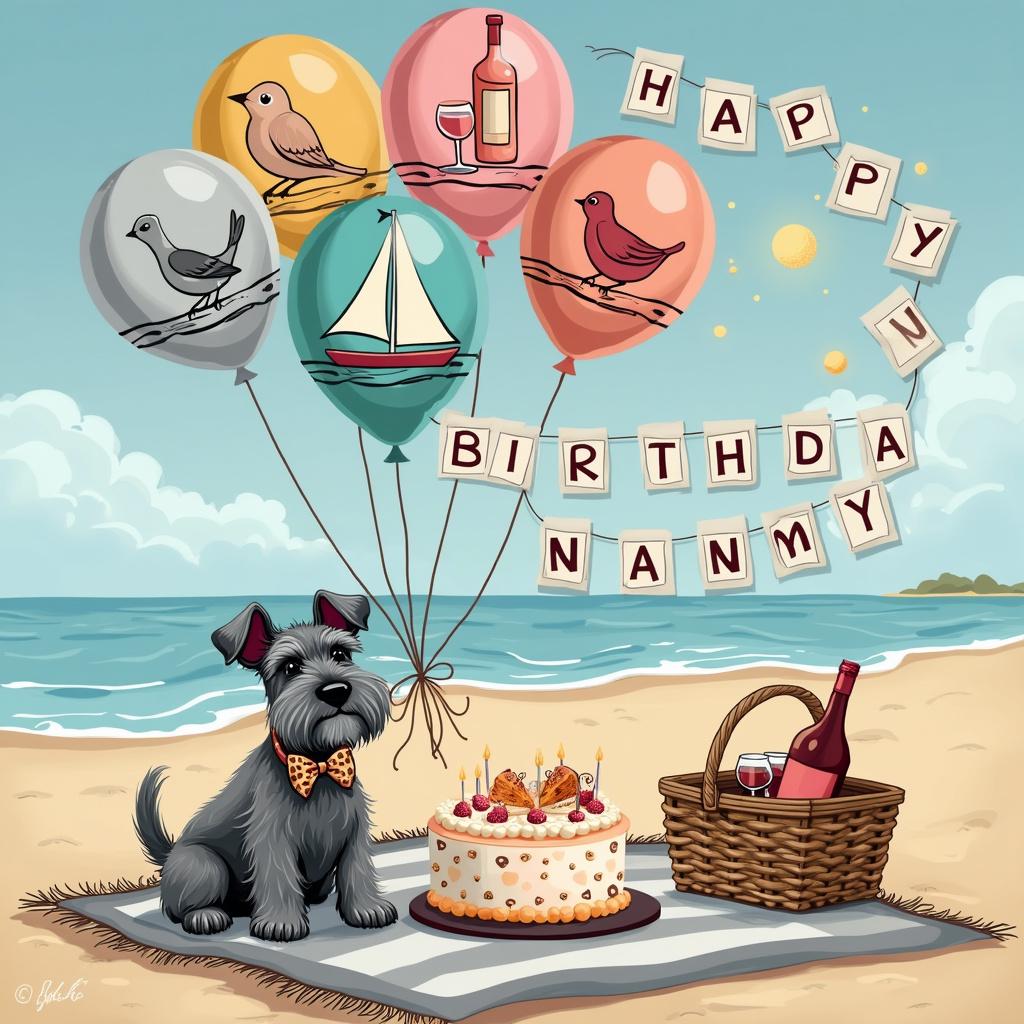 In this birthday scene, the words 'Happy Birthday Nanny' are spelled out on a large crossword grid that serves as the backdrop. Each crossword square has a delicate leopard print border. Floating gently above the crossword is a bouquet of balloons shaped like items from Nanny's interests: a gray mini schnauzer, a bottle of rose wine, a small wren, and a sailboat; all rendered in soft, cartoonish lines against a clear sky. The schnauzer balloon is wearing a gray bow with a subtle leopard print. On the sandy beach below, a picnic is set with a gray and white striped blanket and a basket from which a bottle of rose wine and a pair of glasses can be seen. A birthday cake shaped like a crossword puzzle, complete with a small beach scene on top that has a mini schnauzer sipping rose wine, is situated in the center of the blanket.
Generated with these themes: Leopard print , Gray mini schnauzer, Rose wine, Beach, Crossword, Wren , and Sail.
Made with ❤️ by AI.