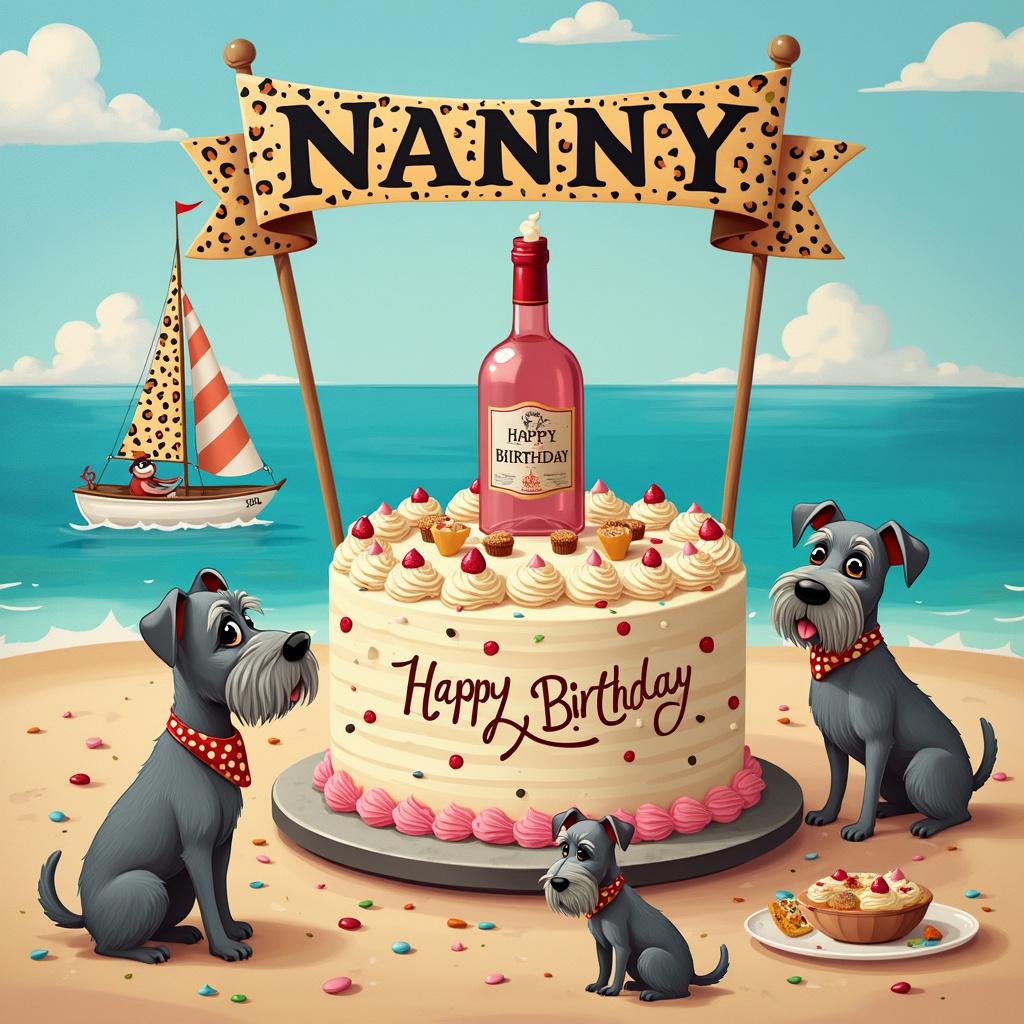 A cheerful cartoon birthday scene for Nanny features a wide sandy beach stretching across the bottom half of the canvas, dotted with mini gray schnauzers sporting leopard print bandanas. In the center, a large birthday cake with pastel icing takes precedence, with 'Happy Birthday Nanny' ornately written in icing on top. A rose wine bottle with a cute cartoonish wren perched on its cork serves as a cake topper. The wren has a party hat on and is surrounded by tiny crossword puzzles that adorn the sides of the cake as decorations. Behind the cake, a colorful sail billows from a small cartoon sailboat on the cerulean sea, completing the beachy backdrop. Above, a banner flutters with the same leopard print pattern, spelling out 'Nanny' in bold, fun letters.
Generated with these themes: Leopard print , Gray mini schnauzer, Rose wine, Beach, Crossword, Wren , and Sail.
Made with ❤️ by AI.