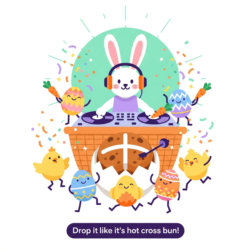 Clean flat-vector illustration, vertical 4:5. A cool DJ bunny wearing pastel shades and carrot-orange headphones spins on egg-shaped turntables—one deck is a giant hot cross bun with the icing cross. The stylus is a tiny carrot. Around the basket-shaped DJ booth, cheerful chicks and decorated eggs with stick-legs dance, throwing pastel confetti and waving glowstick carrots. Background: eggshell white with a large mint circle and simple geometric rays; solid color blocks, crisp lines, no textures, minimal/no gradients. Spring pastel palette: mint, lavender, robin’s-egg blue, peach, sunshine yellow, with carrot-orange accents. Modern, clean, bold shapes, generous negative space. Small caption at bottom center in bold rounded sans-serif, deep violet: “Drop it like it’s hot cross bun!”
Generated with these themes: Easter, and .
Made with ❤️ by AI.