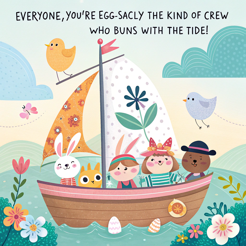 Sailing yacht, surrounded by Easter eggs, hot cross buns, Easter themed, friendly and sailing related. Easter Card