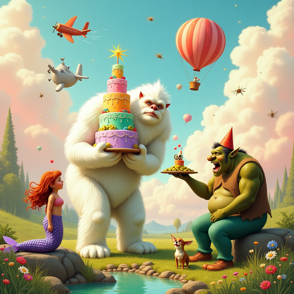Yeti, Mermaid, Ogre, Bugaboo, Pickle, Cake, Flying cool stuff, and Chivava Birthday Card