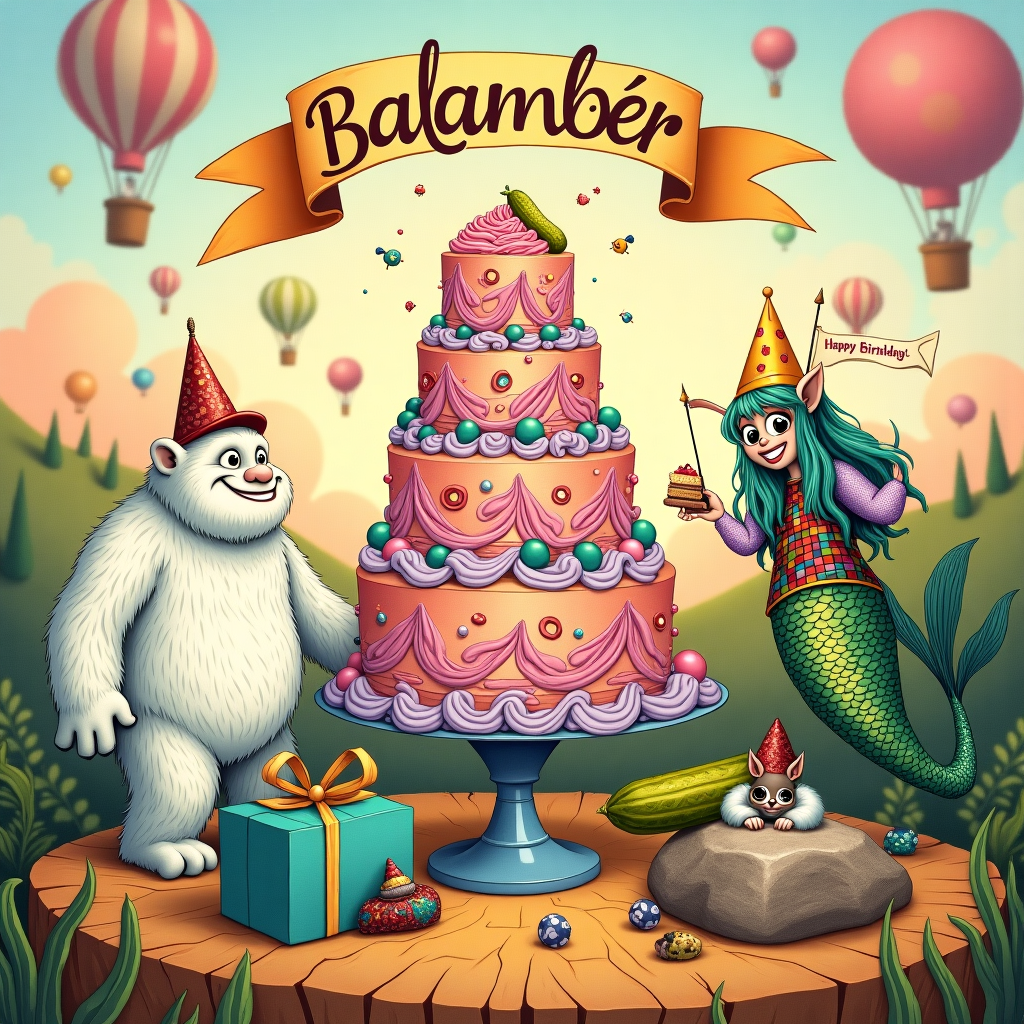 Yeti, Mermaid, Ogre, Bugaboo, Pickle, Cake, Flying cool stuff, and Chivava Birthday Card