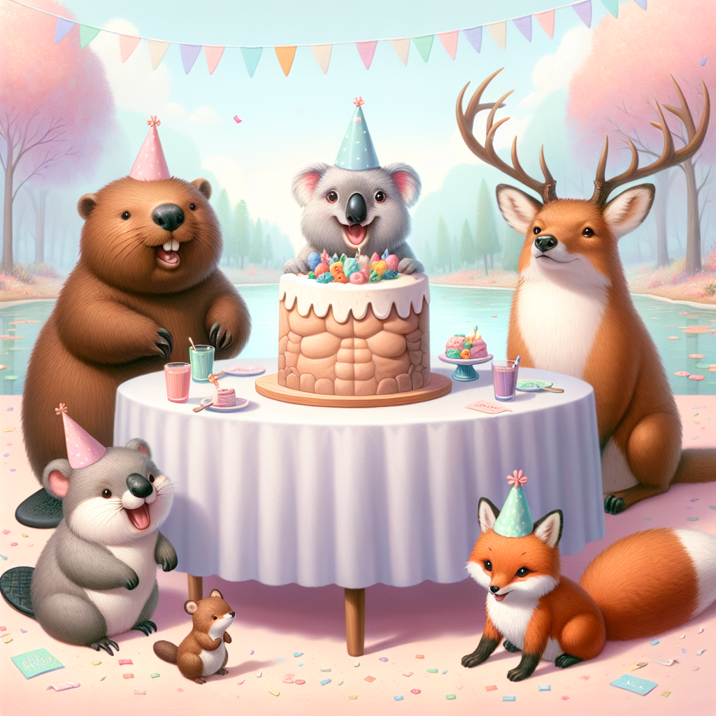 A picturesque scene is set against a gentle pastel backdrop, hosting a charming gathering of adorable animals from diverse biomes. A plump beaver, a jubilant koala, an excitable fox, and a serene white-tail deer surround a festively adorned birthday table, wearing colorful party hats. The centerpiece of the table is an intricately crafted cake, its icing designed to uncannily mimic a chiseled set of abs, attracting giggles and awe from the party-goers. Scattered around are tiny pieces of confetti, contributing to an ambiance of joy and merriment.
Generated with these themes: Abs.
Made with ❤️ by AI.